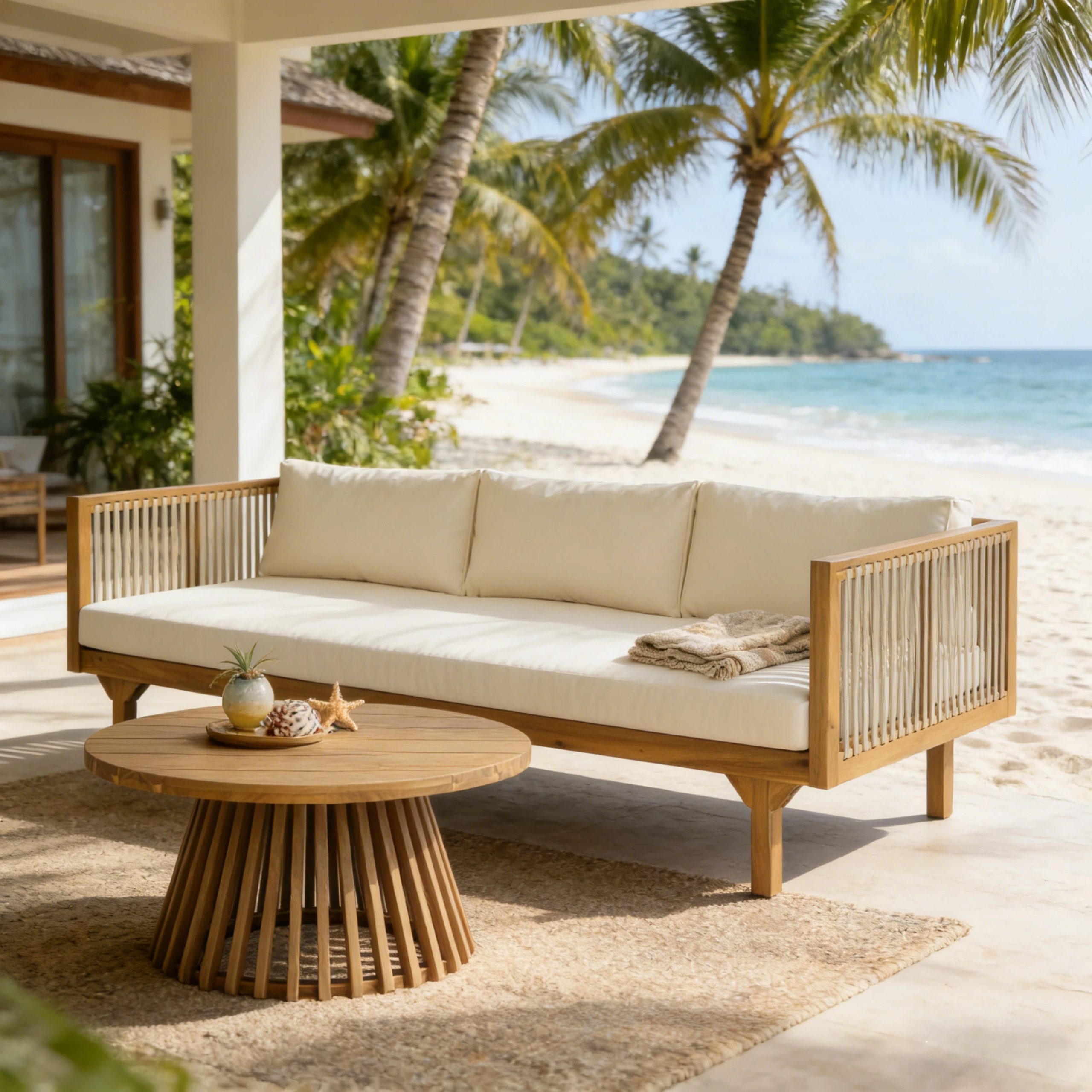 2-Piece Outdoor Patio Set: Sofa with Beige Cushions & Light Brown Rope Back + Round Acacia Wood Coffee Table, Teak Finish, Water Repellent, 600 lbs Sofa Capacity - Image 5