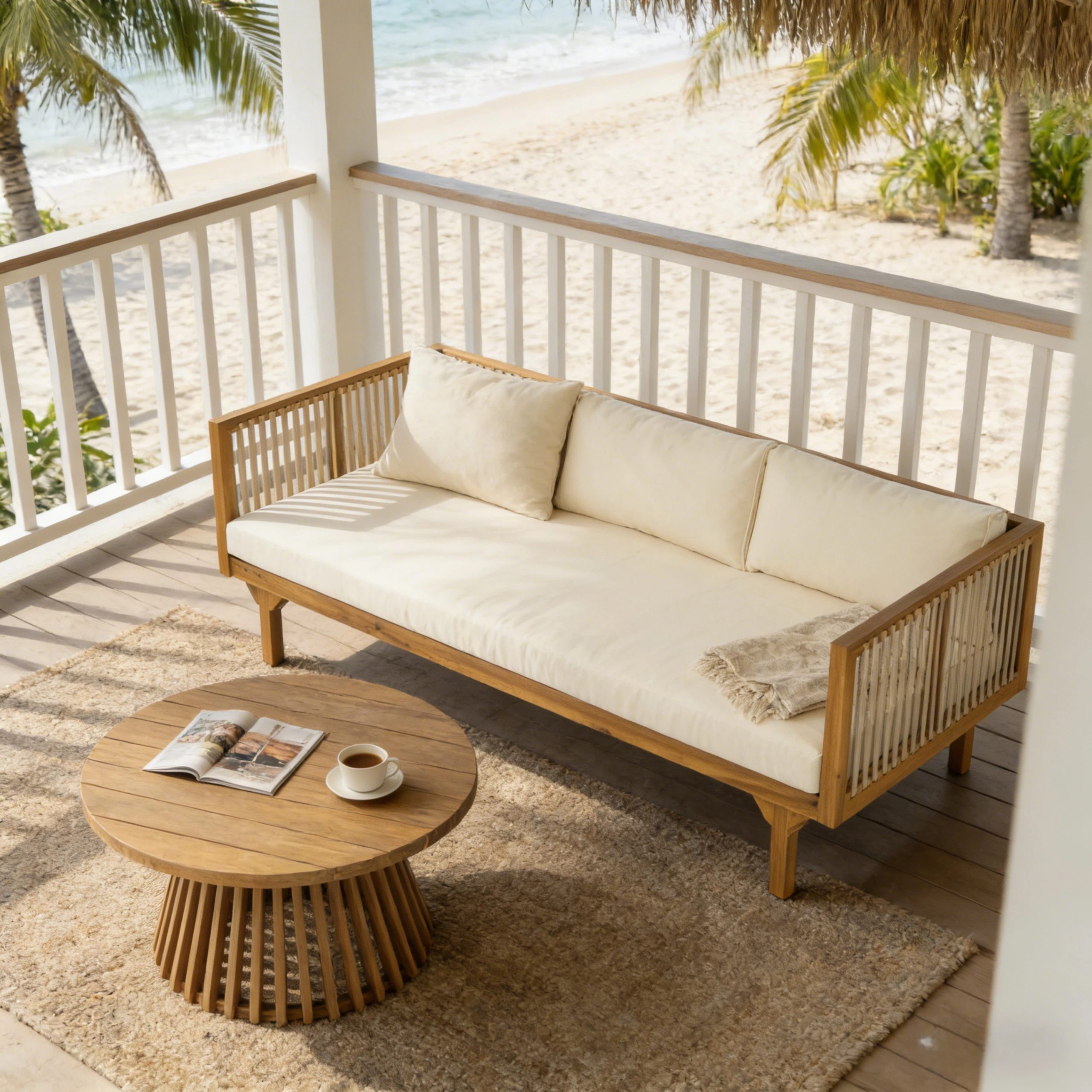 2-Piece Outdoor Patio Set: Sofa with Beige Cushions & Light Brown Rope Back + Round Acacia Wood Coffee Table, Teak Finish, Water Repellent, 600 lbs Sofa Capacity - Image 6