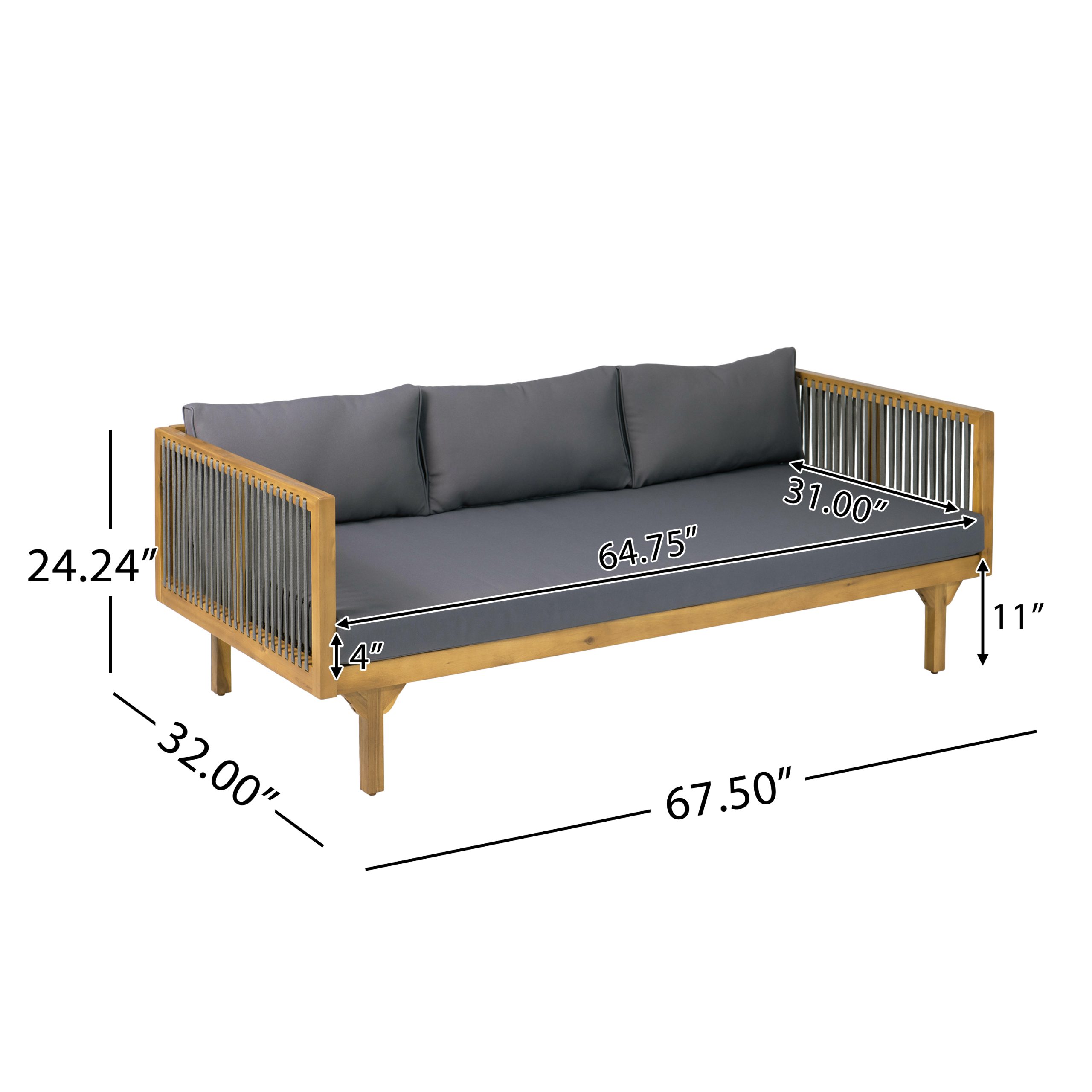 2-Piece Outdoor Patio Set: Sofa with Dark Grey Cushions & Grey Rope Back + Round Acacia Wood Coffee Table, Teak Finish, Water Repellent, 600 lbs Sofa Capacity - Image 3