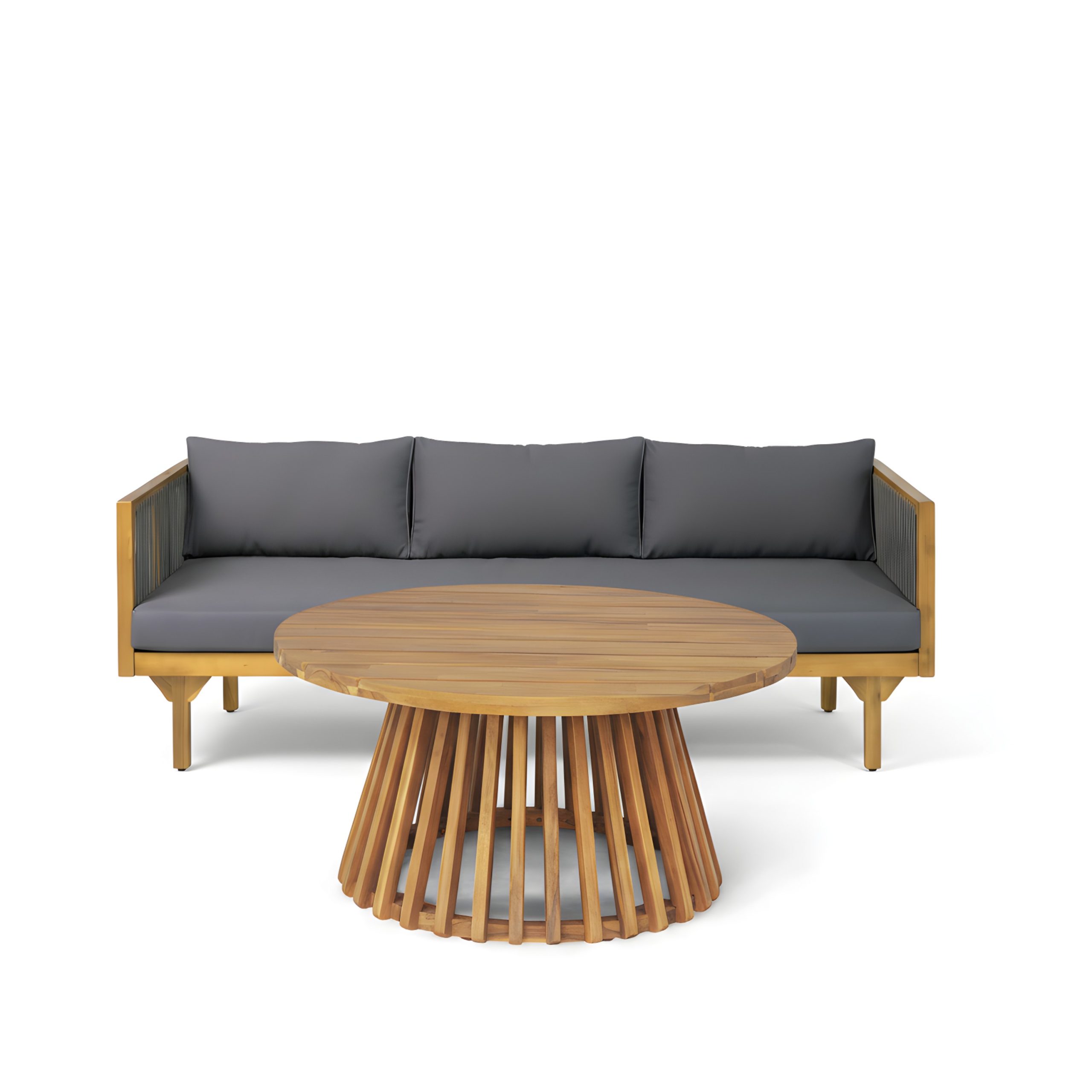 2-Piece Outdoor Patio Set: Sofa with Dark Grey Cushions & Grey Rope Back + Round Acacia Wood Coffee Table, Teak Finish, Water Repellent, 600 lbs Sofa Capacity - Image 4