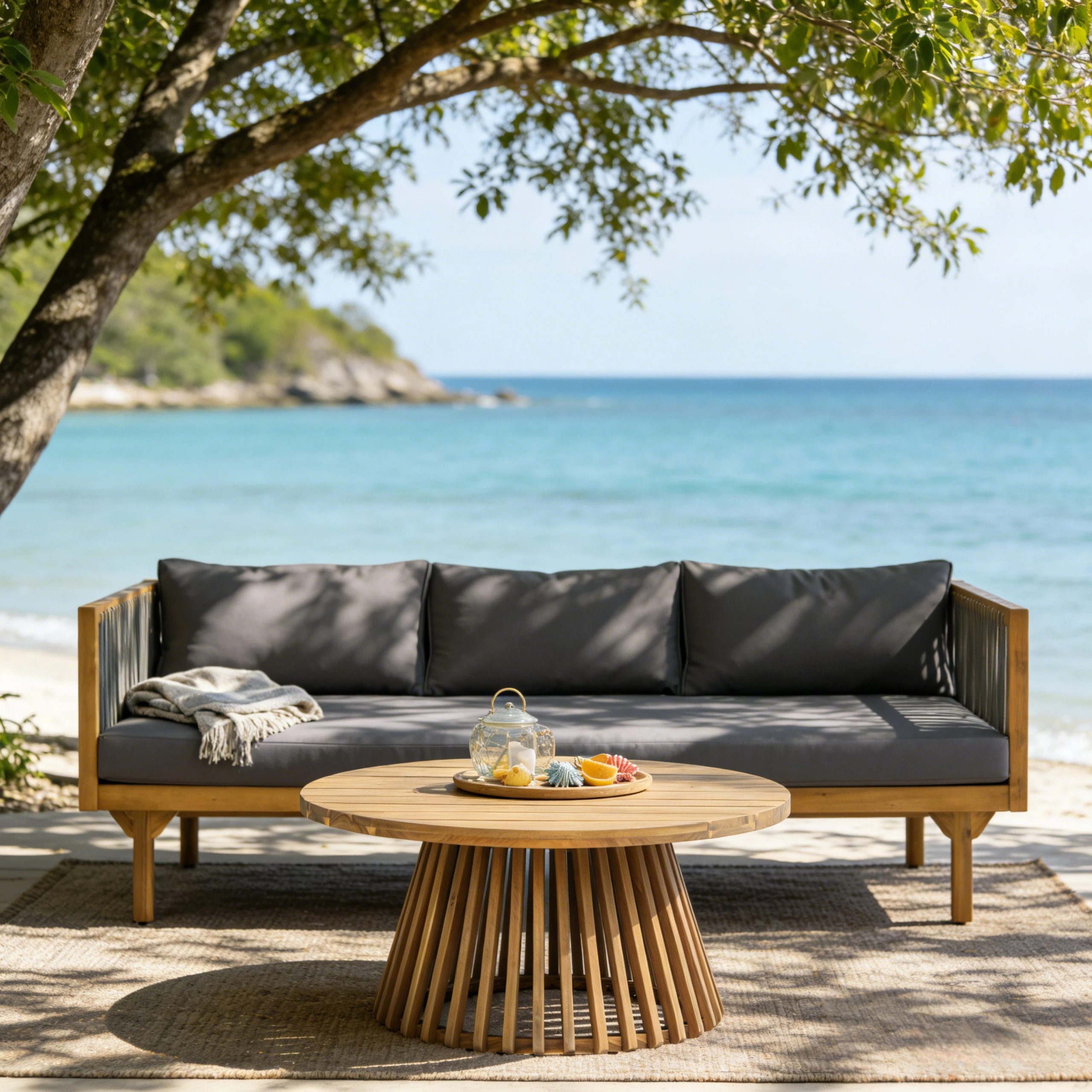 2-Piece Outdoor Patio Set: Sofa with Dark Grey Cushions & Grey Rope Back + Round Acacia Wood Coffee Table, Teak Finish, Water Repellent, 600 lbs Sofa Capacity - Image 5