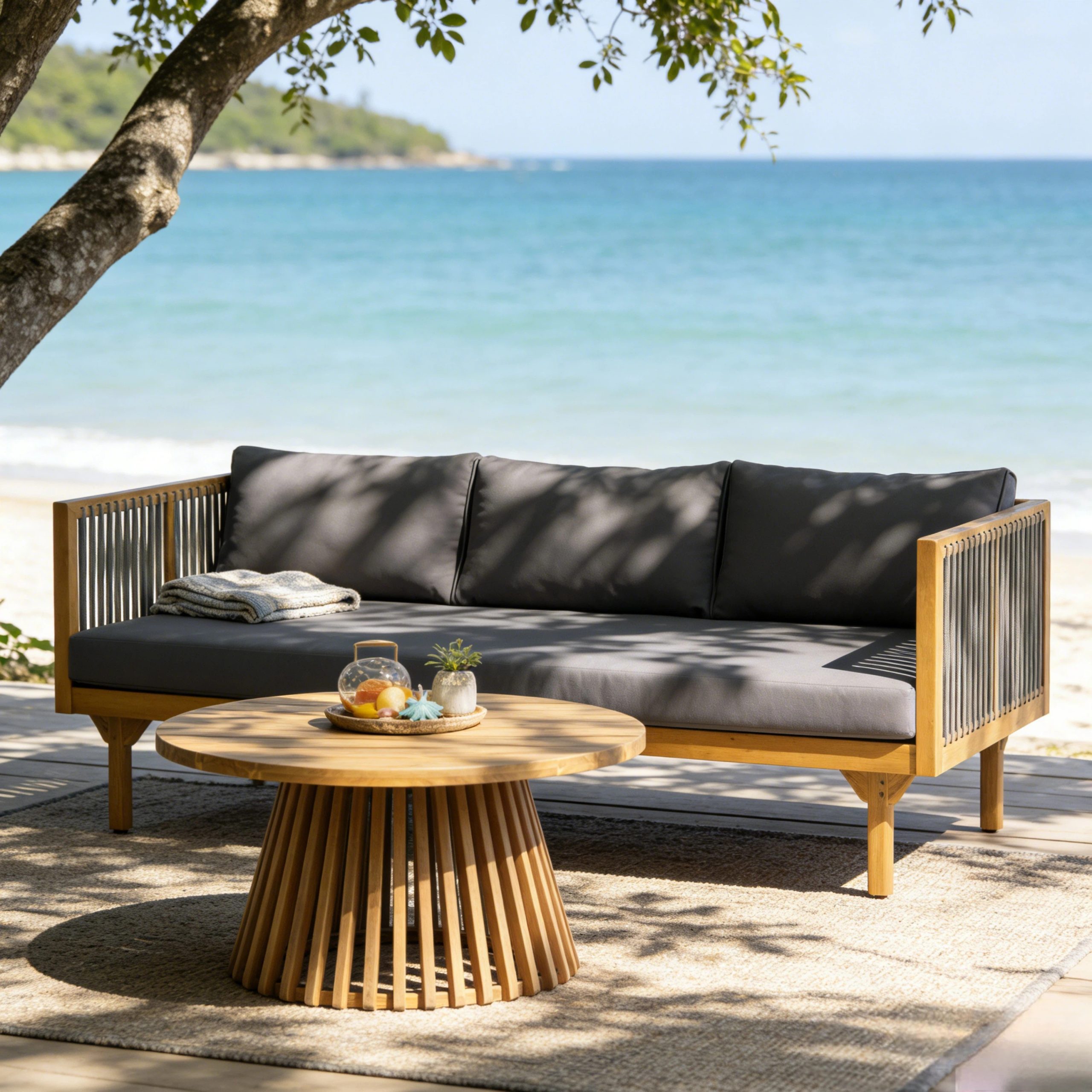2-Piece Outdoor Patio Set: Sofa with Dark Grey Cushions & Grey Rope Back + Round Acacia Wood Coffee Table, Teak Finish, Water Repellent, 600 lbs Sofa Capacity - Image 6
