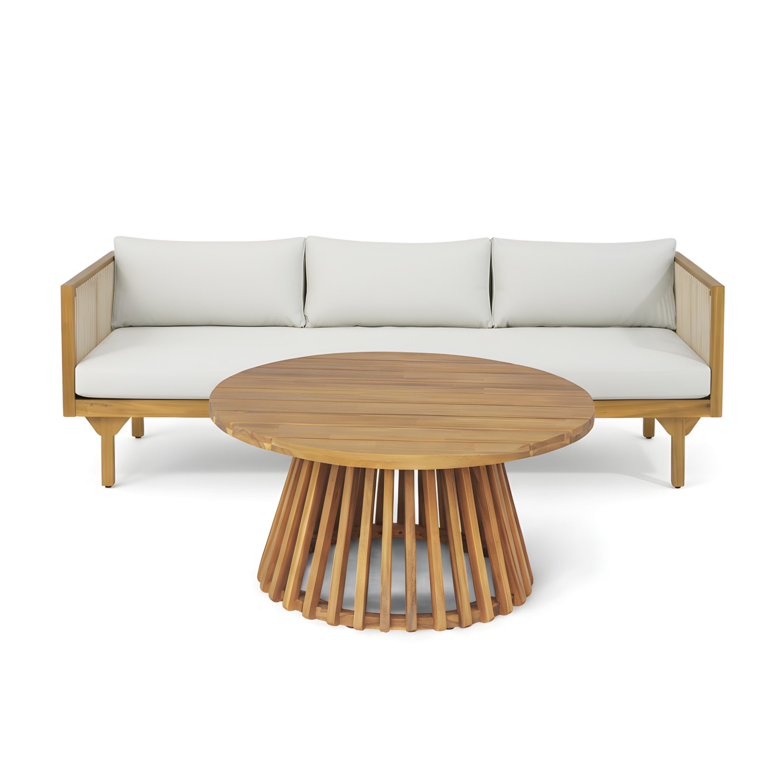 2-Piece Outdoor Patio Set: Sofa with Light Gray Cushions & Light Brown Rope Back + Round Acacia Wood Coffee Table, Teak Finish, Water Repellent, 600 lbs Sofa Capacity - Image 4
