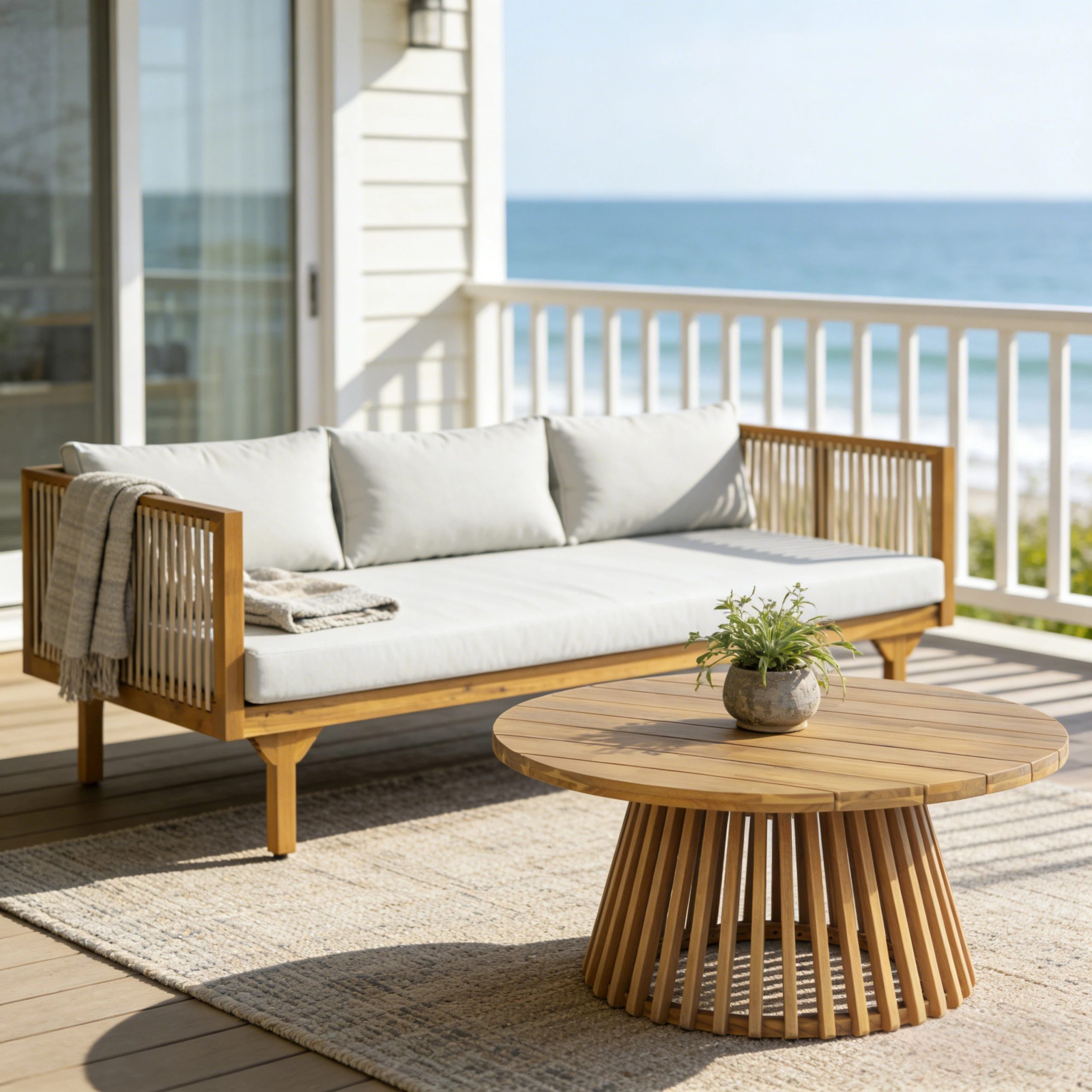 2-Piece Outdoor Patio Set: Sofa with Light Gray Cushions & Light Brown Rope Back + Round Acacia Wood Coffee Table, Teak Finish, Water Repellent, 600 lbs Sofa Capacity - Image 5
