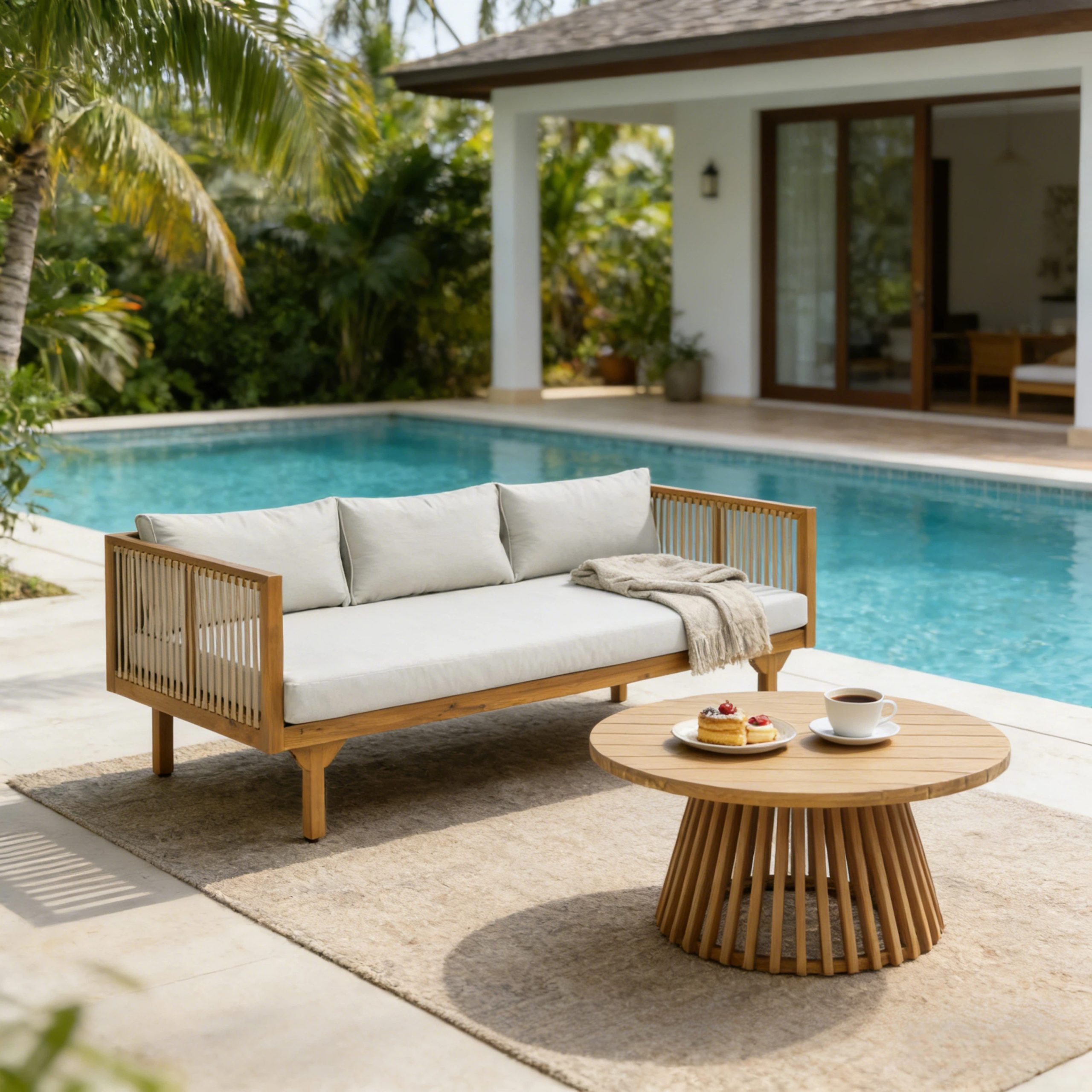 2-Piece Outdoor Patio Set: Sofa with Light Gray Cushions & Light Brown Rope Back + Round Acacia Wood Coffee Table, Teak Finish, Water Repellent, 600 lbs Sofa Capacity - Image 6