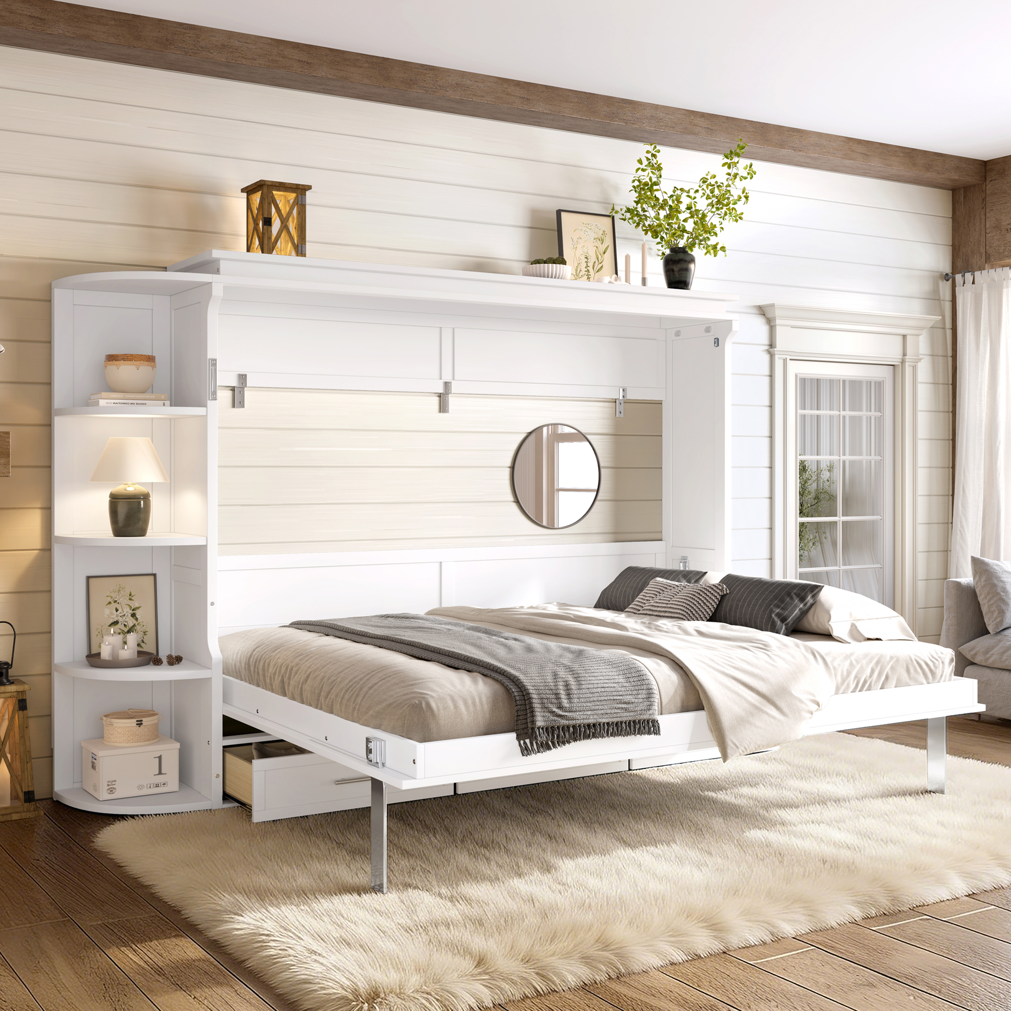Queen Size Murphy Platform Bed with Shelf, Side Cabinets, and Drawers , Home Office Space Saver,White - Image 1