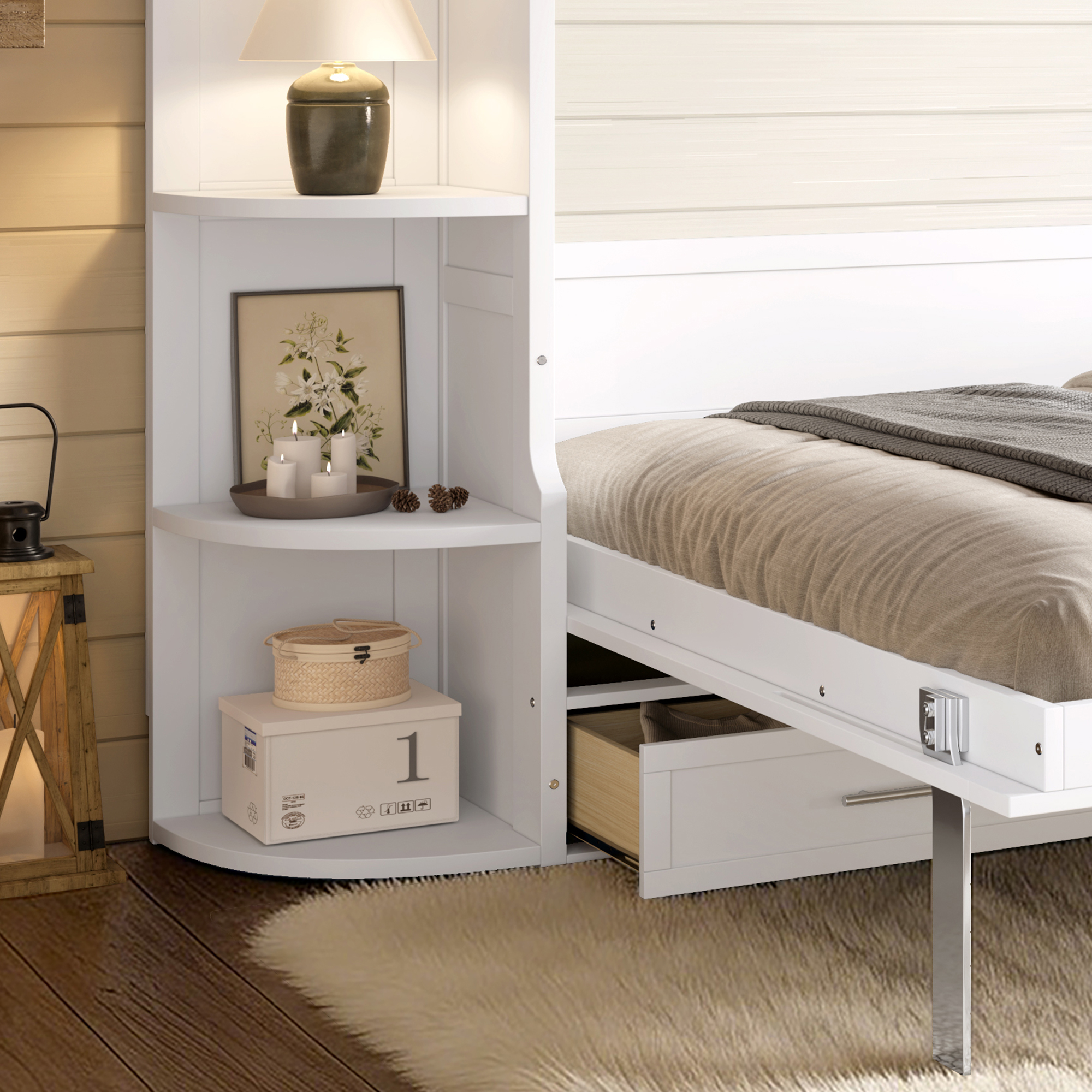 Queen Size Murphy Platform Bed with Shelf, Side Cabinets, and Drawers , Home Office Space Saver,White - Image 4