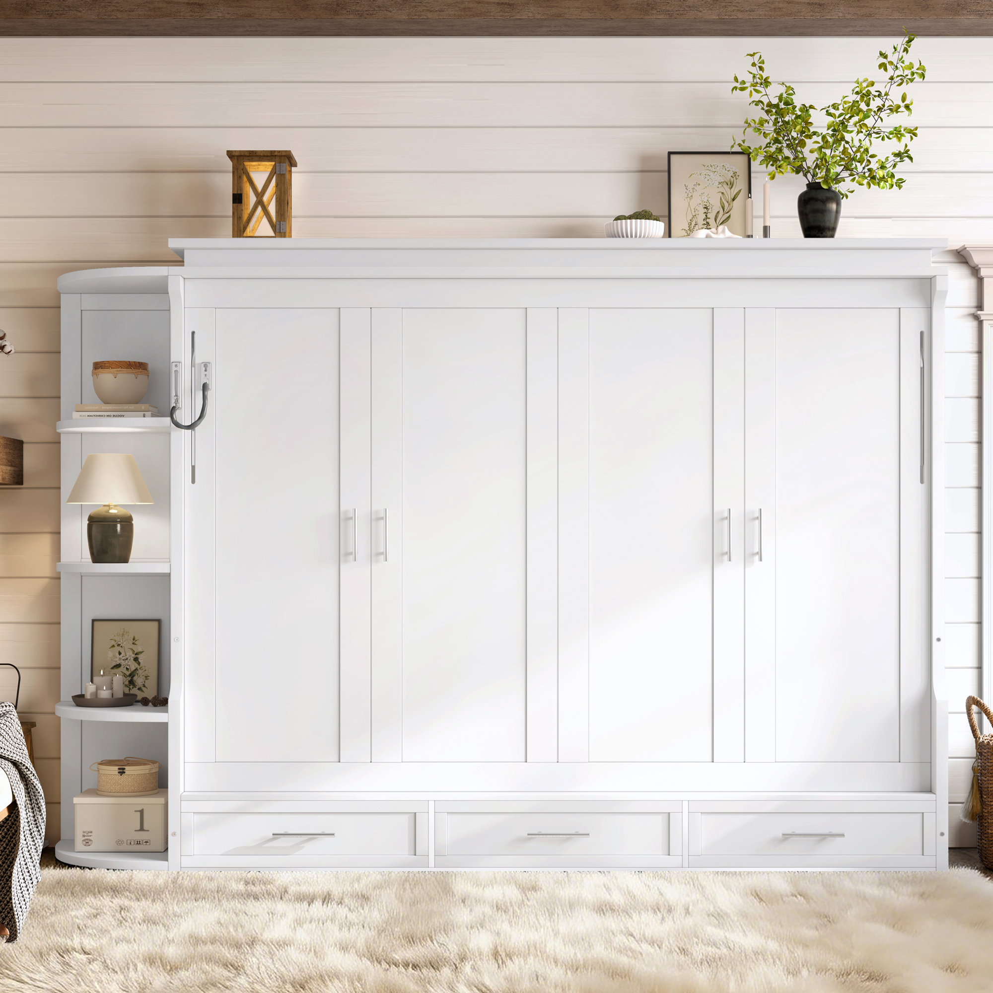 Queen Size Murphy Platform Bed with Shelf, Side Cabinets, and Drawers , Home Office Space Saver,White - Image 3
