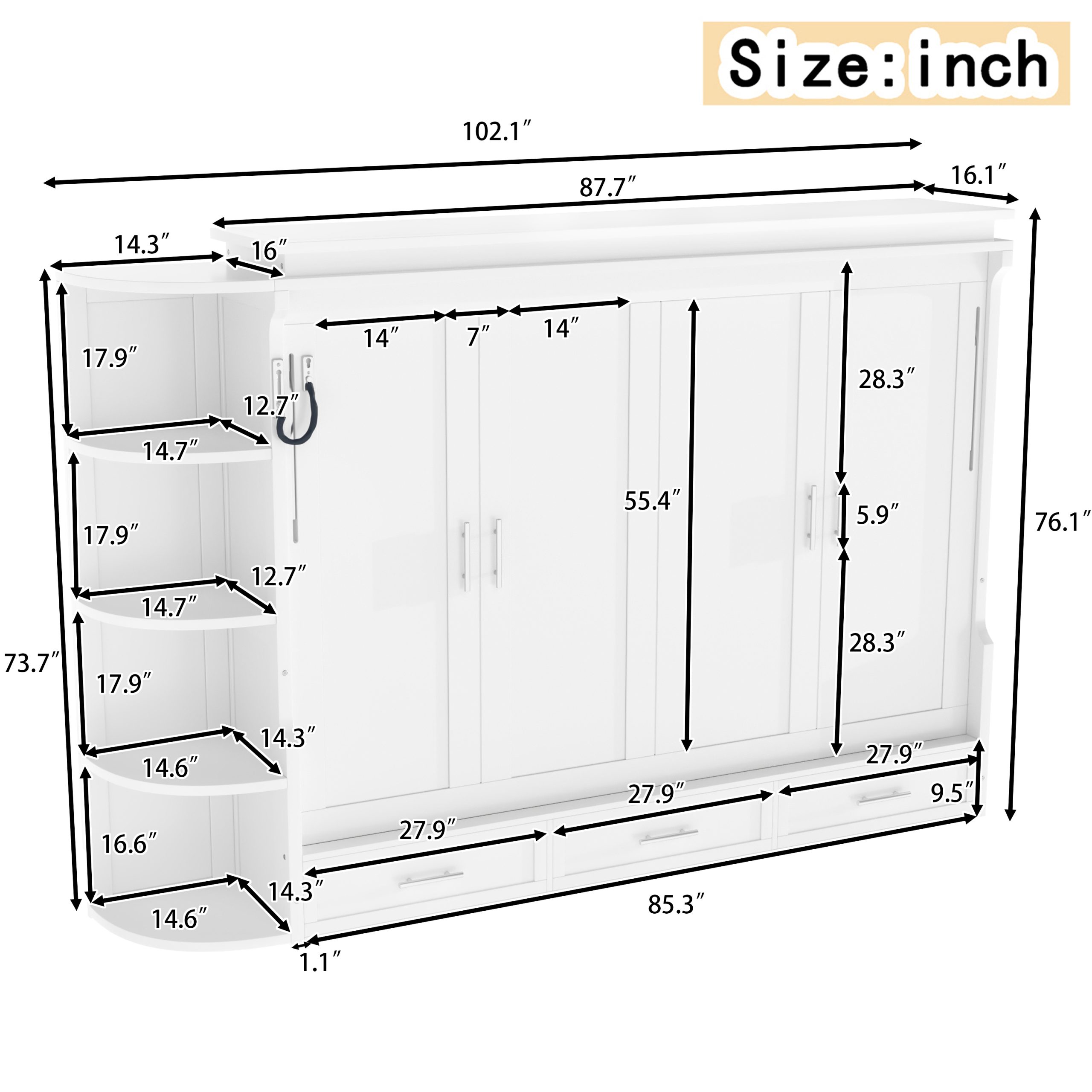 Queen Size Murphy Platform Bed with Shelf, Side Cabinets, and Drawers , Home Office Space Saver,White - Image 6