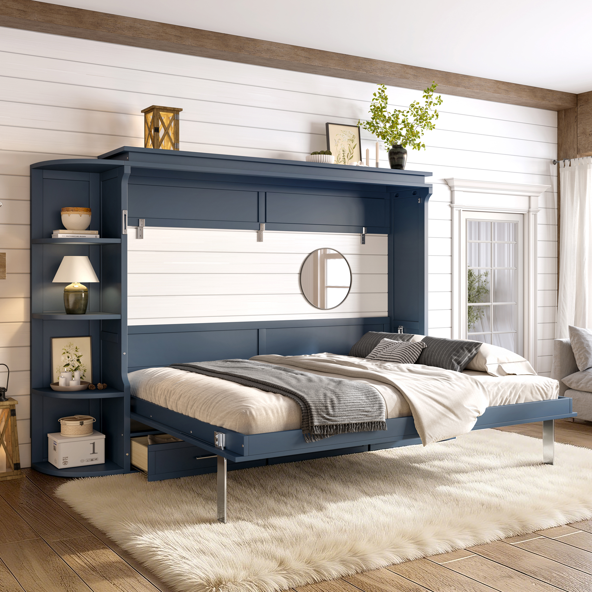 Queen Size Murphy Platform Bed with Shelf, Side Cabinets, and Drawers , Home Office Space Saver,Blue