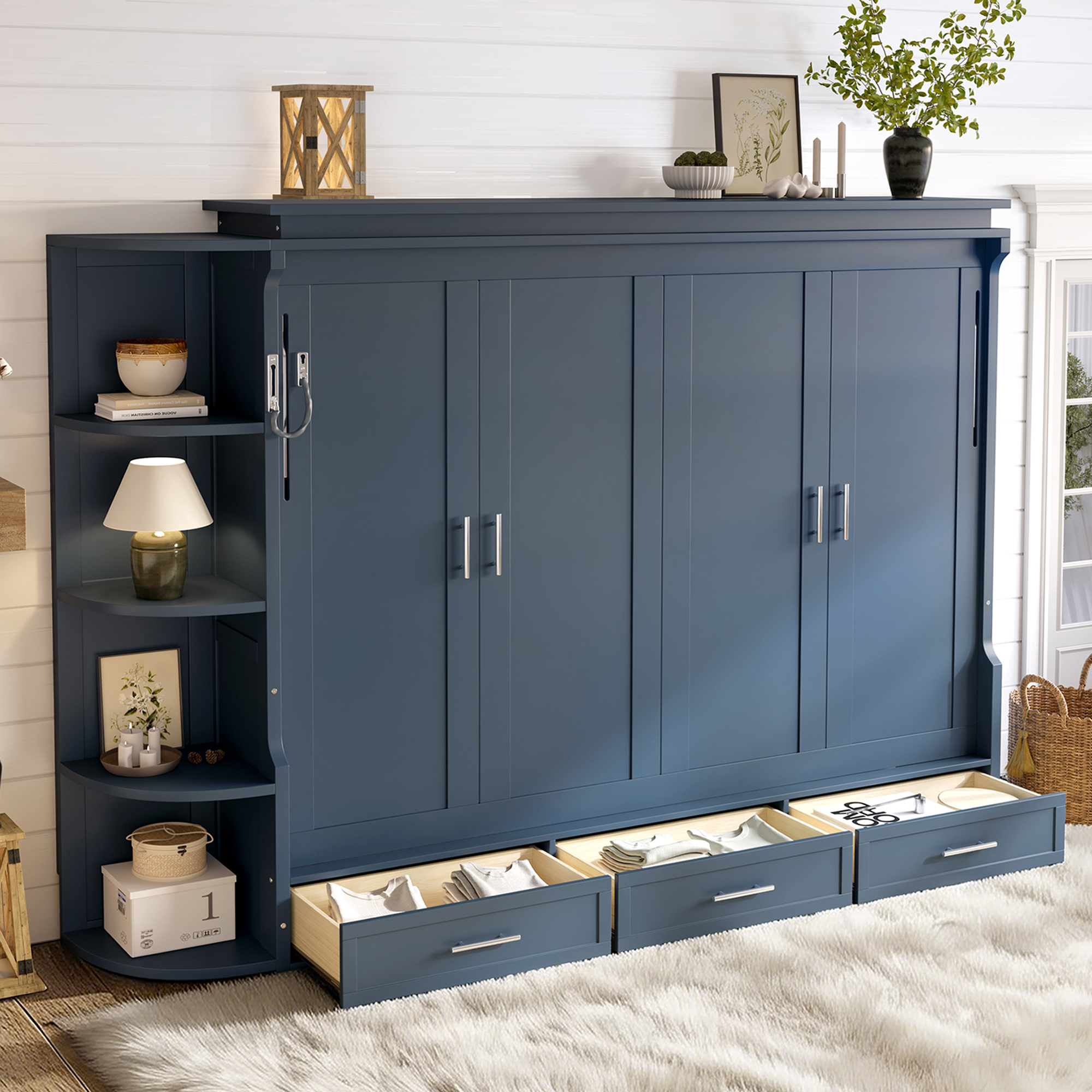 Queen Size Murphy Platform Bed with Shelf, Side Cabinets, and Drawers , Home Office Space Saver,Blue - Image 2
