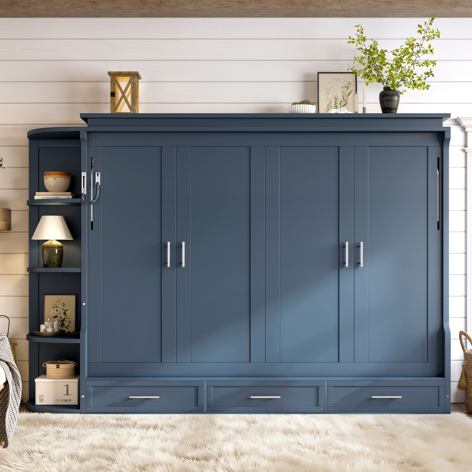 Queen Size Murphy Platform Bed with Shelf, Side Cabinets, and Drawers , Home Office Space Saver,Blue - Image 3