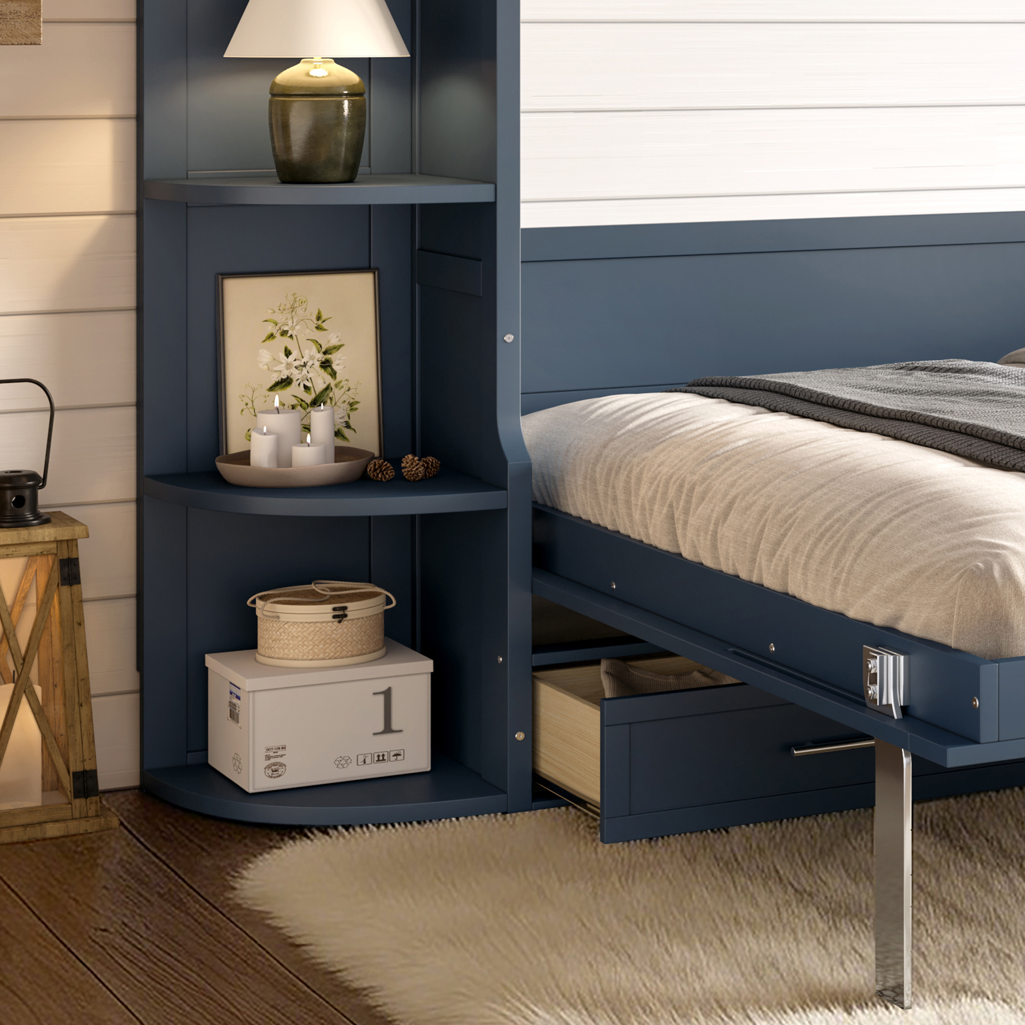 Queen Size Murphy Platform Bed with Shelf, Side Cabinets, and Drawers , Home Office Space Saver,Blue - Image 4