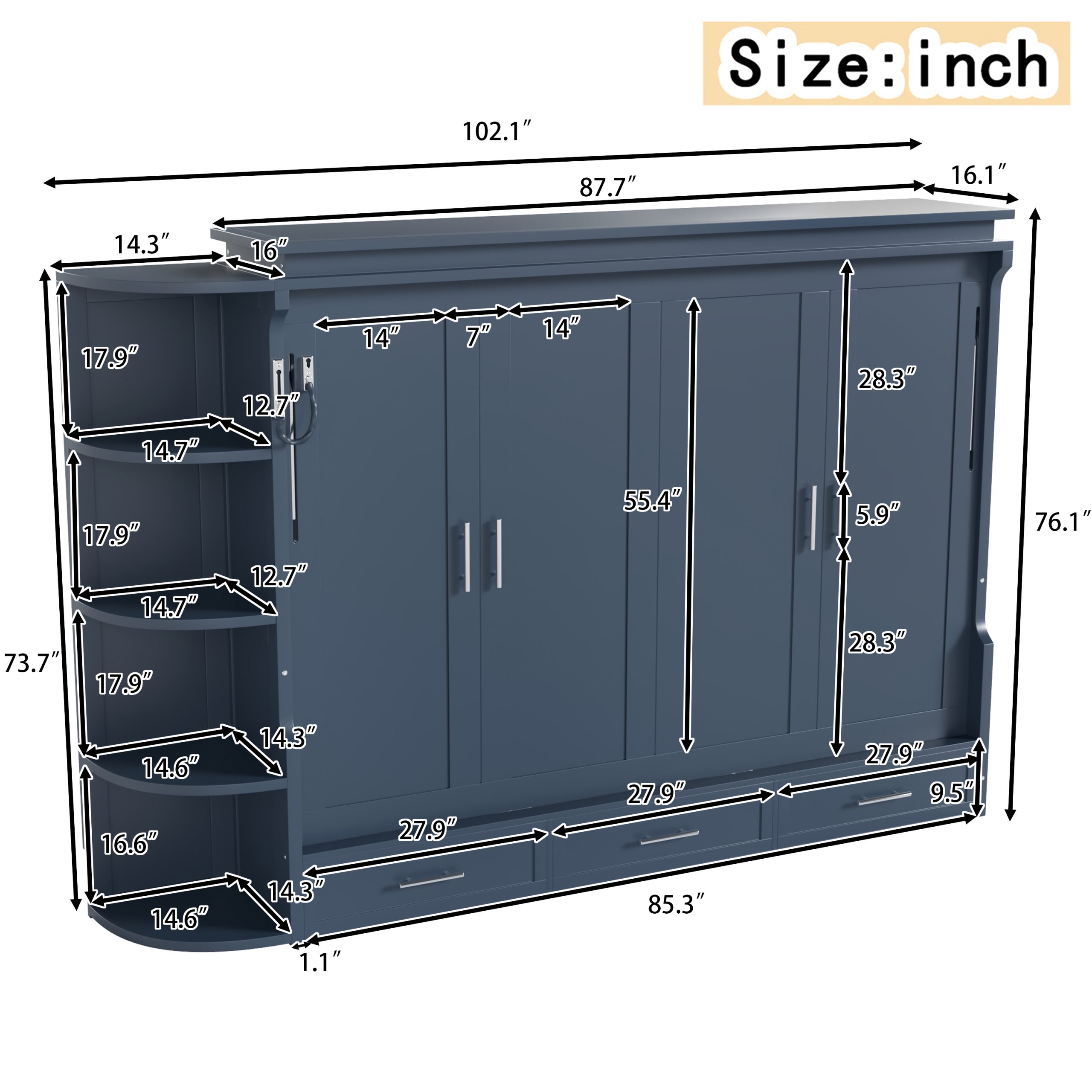 Queen Size Murphy Platform Bed with Shelf, Side Cabinets, and Drawers , Home Office Space Saver,Blue - Image 6
