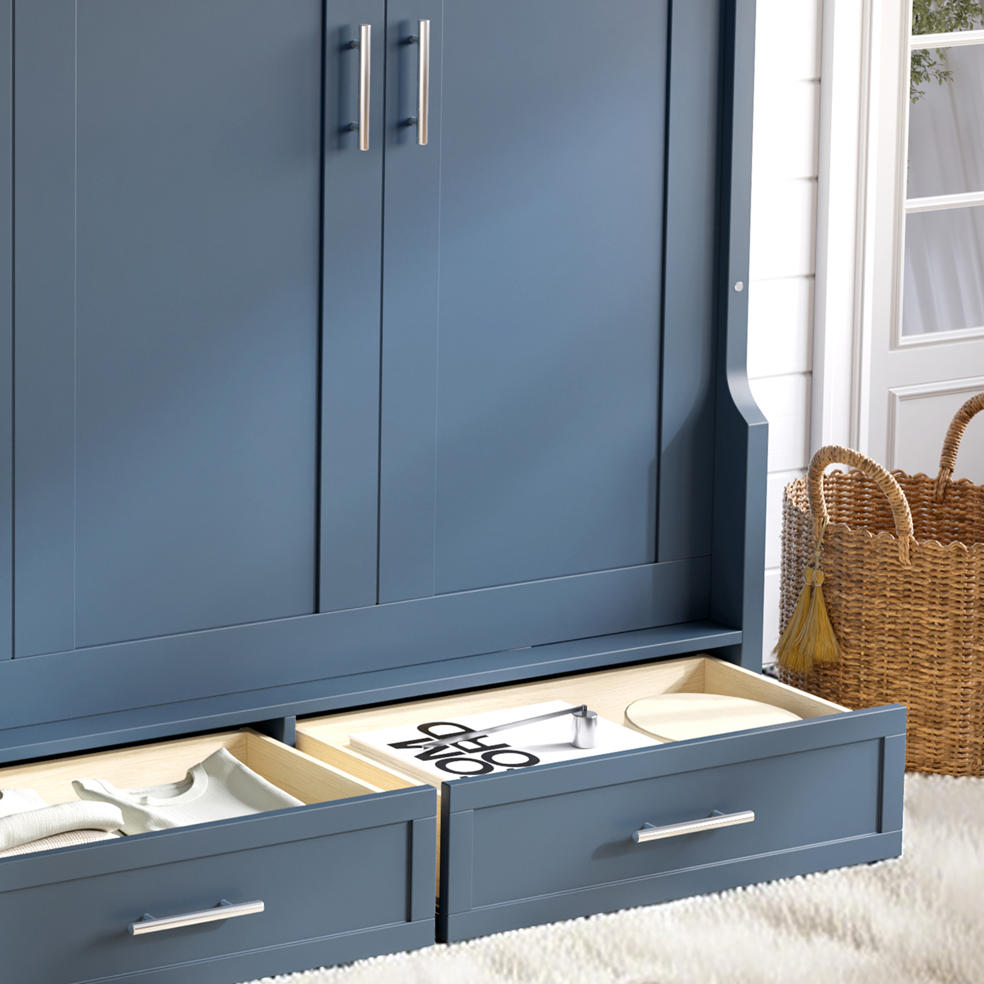 Queen Size Murphy Platform Bed with Shelf, Side Cabinets, and Drawers , Home Office Space Saver,Blue - Image 5