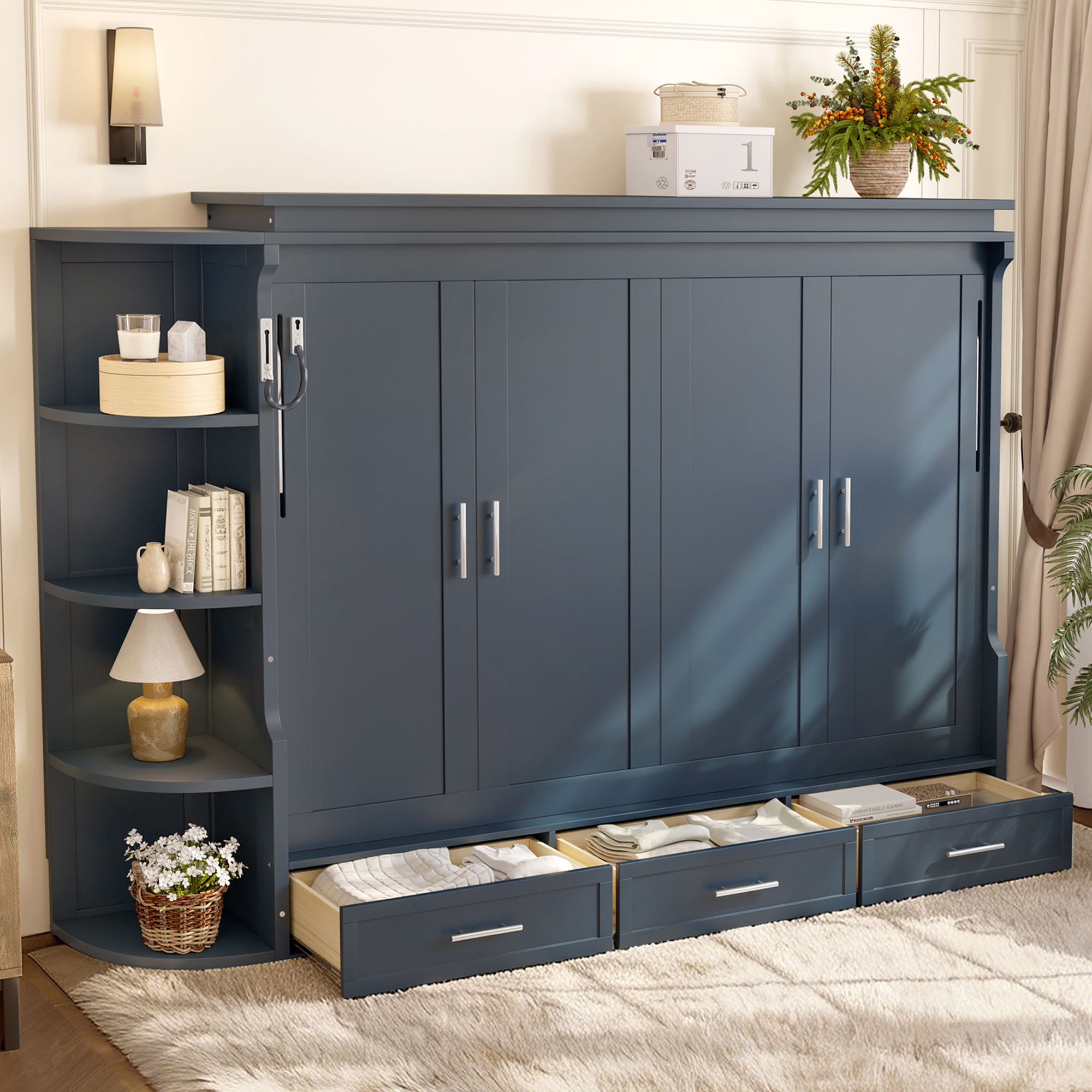 Full Size Murphy Platform Bed with Shelf, Side Cabinets, and Drawers , Home Office Space Saver,Blue - Image 2