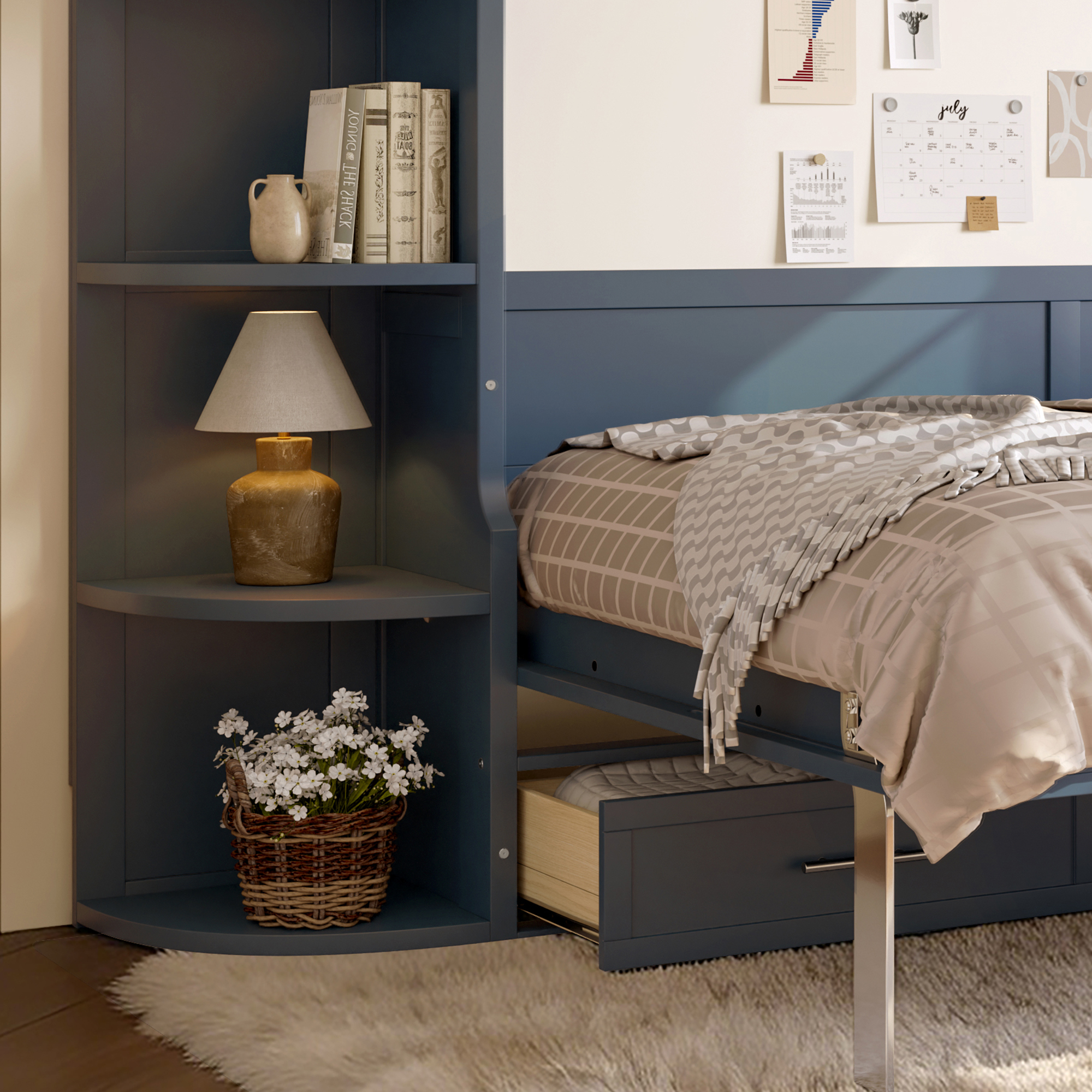 Full Size Murphy Platform Bed with Shelf, Side Cabinets, and Drawers , Home Office Space Saver,Blue - Image 4