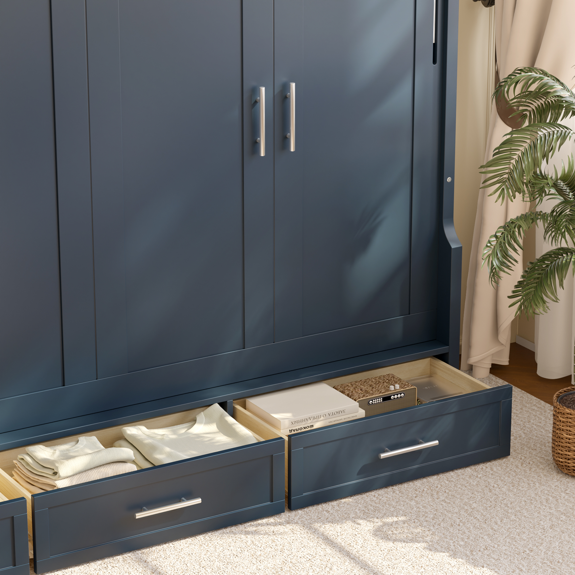 Full Size Murphy Platform Bed with Shelf, Side Cabinets, and Drawers , Home Office Space Saver,Blue - Image 5