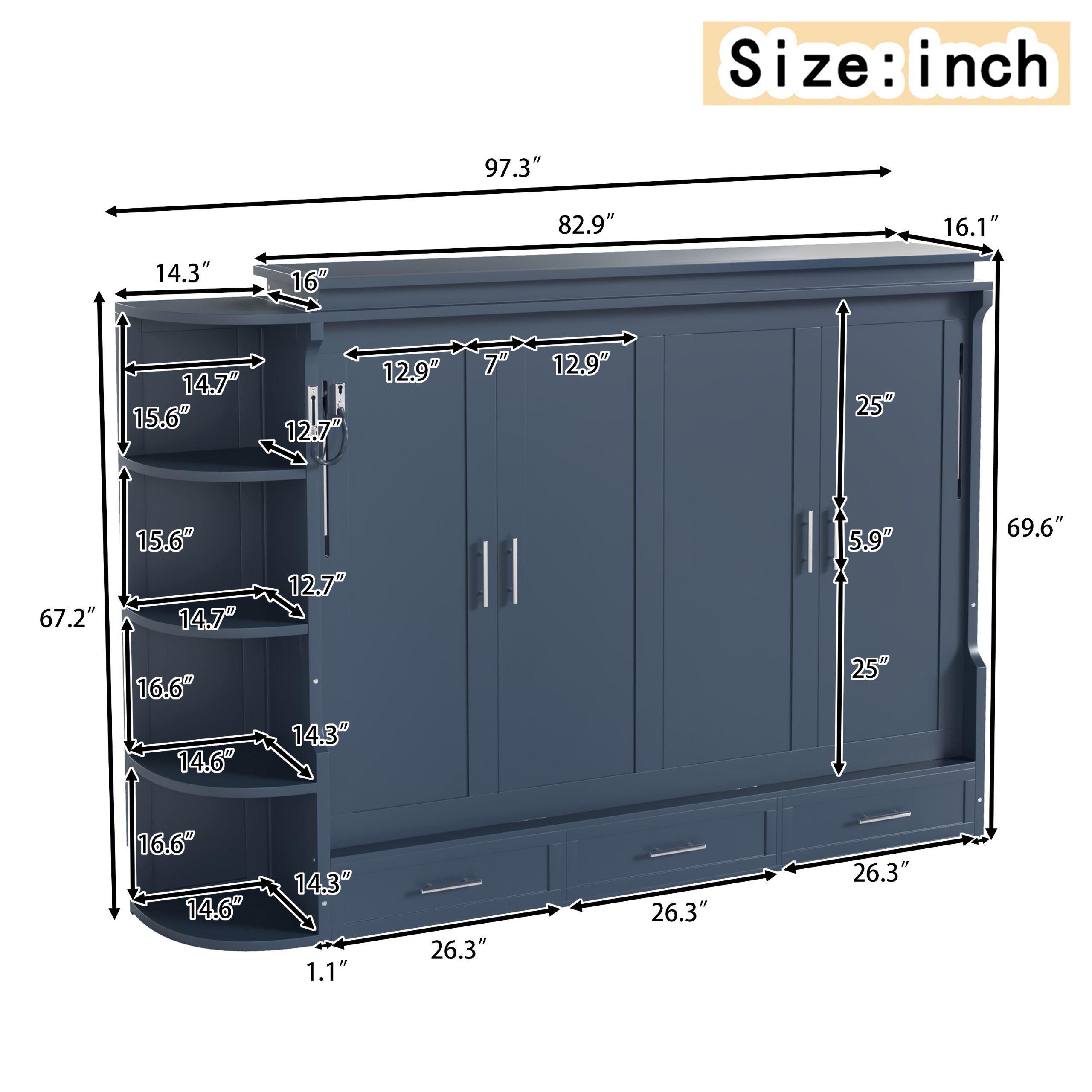 Full Size Murphy Platform Bed with Shelf, Side Cabinets, and Drawers , Home Office Space Saver,Blue - Image 6