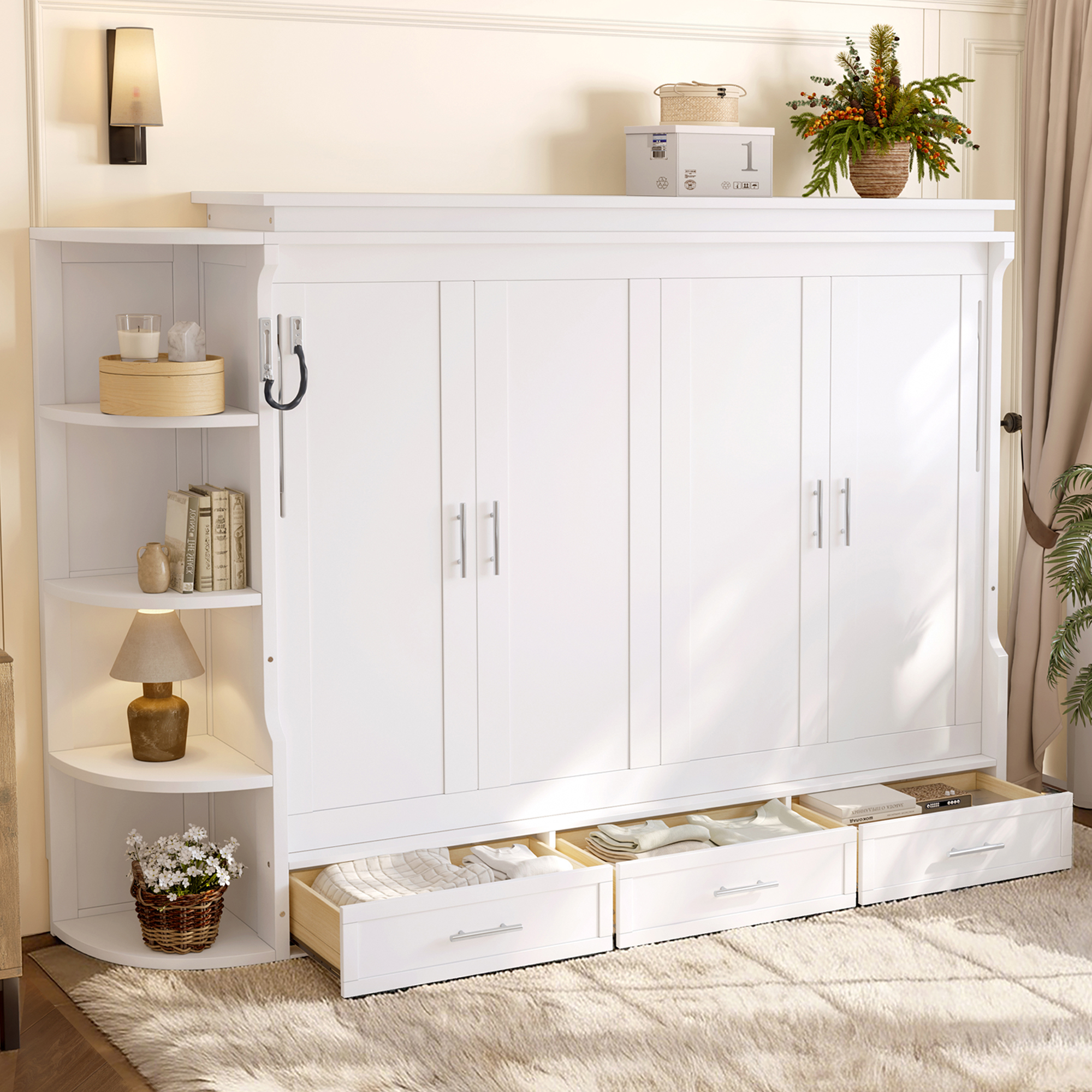 Full Size Murphy Platform Bed with Shelf, Side Cabinets, and Drawers , Home Office Space Saver,White - Image 2