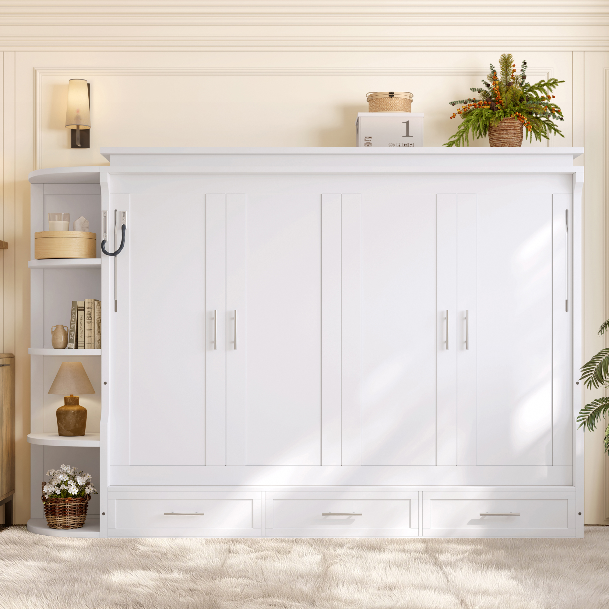 Full Size Murphy Platform Bed with Shelf, Side Cabinets, and Drawers , Home Office Space Saver,White - Image 3