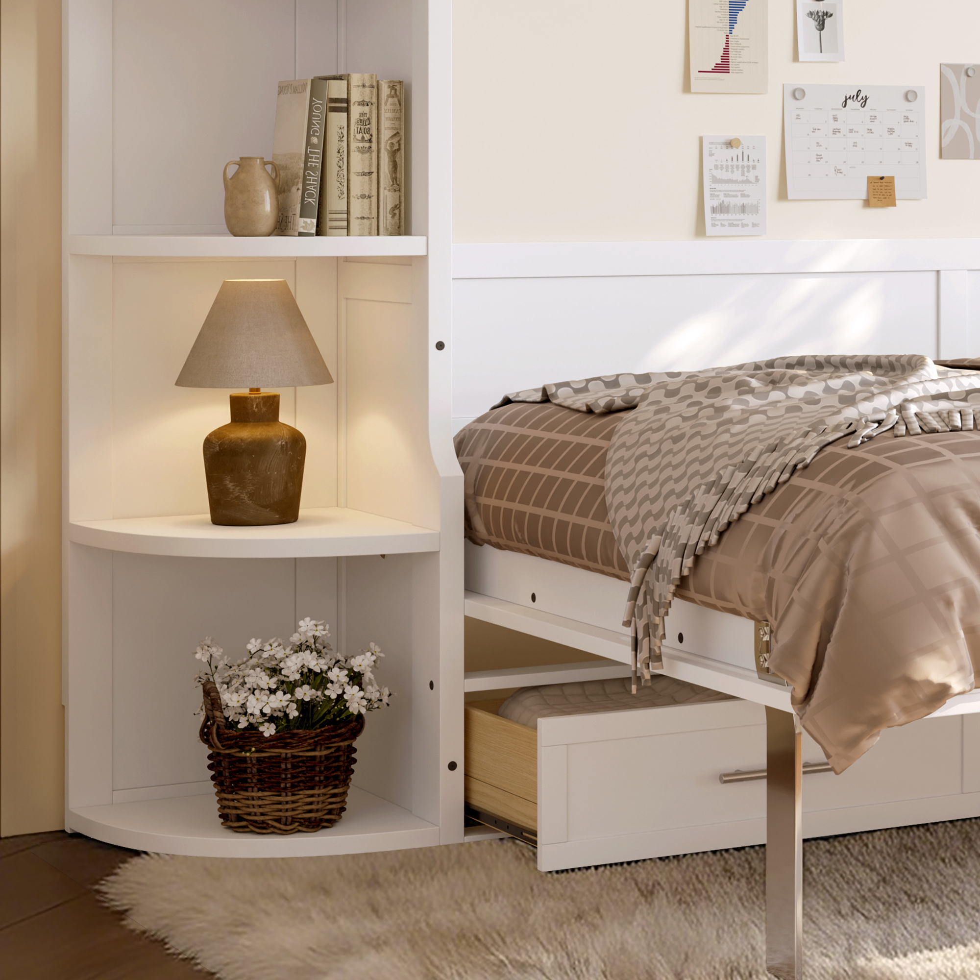Full Size Murphy Platform Bed with Shelf, Side Cabinets, and Drawers , Home Office Space Saver,White - Image 4