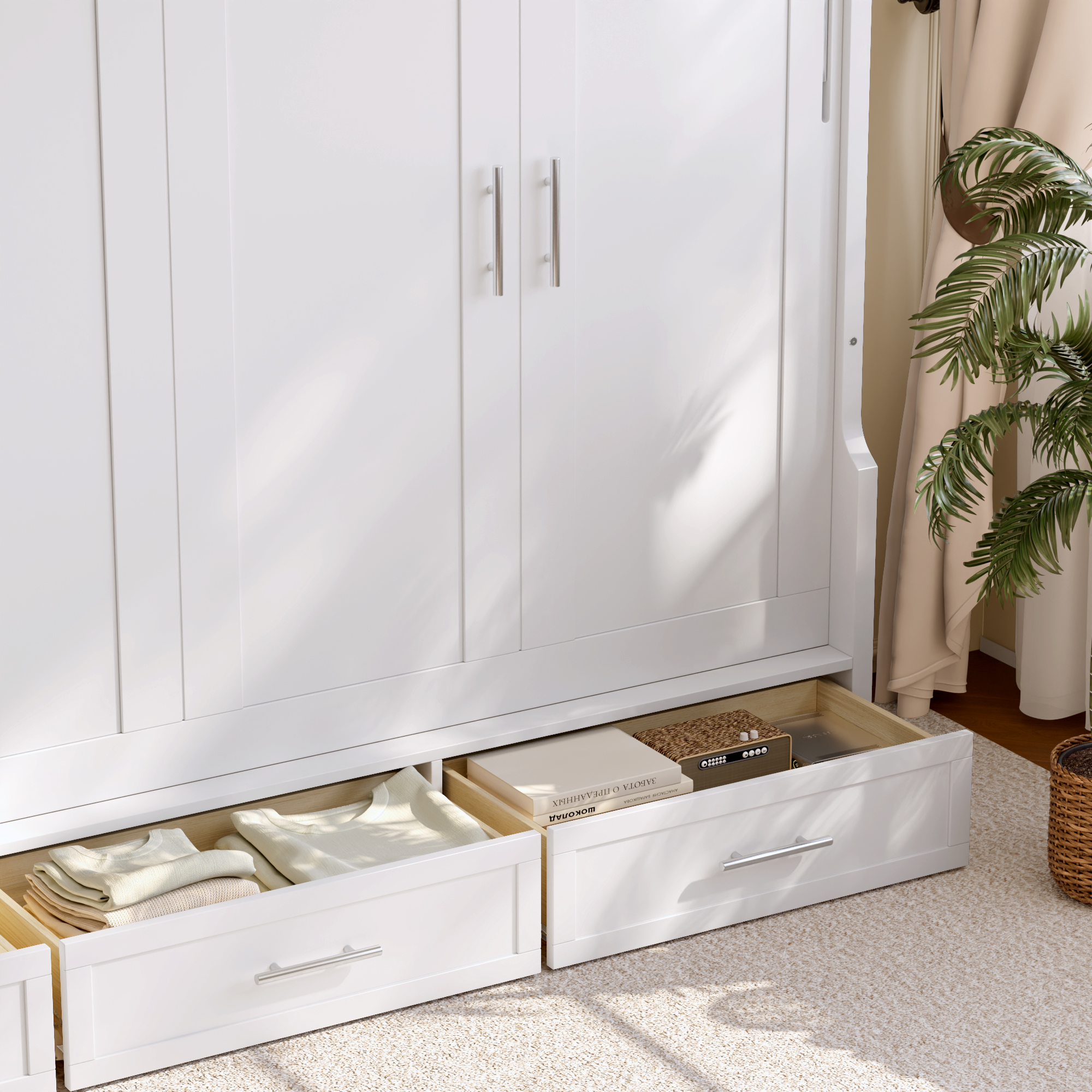 Full Size Murphy Platform Bed with Shelf, Side Cabinets, and Drawers , Home Office Space Saver,White - Image 5