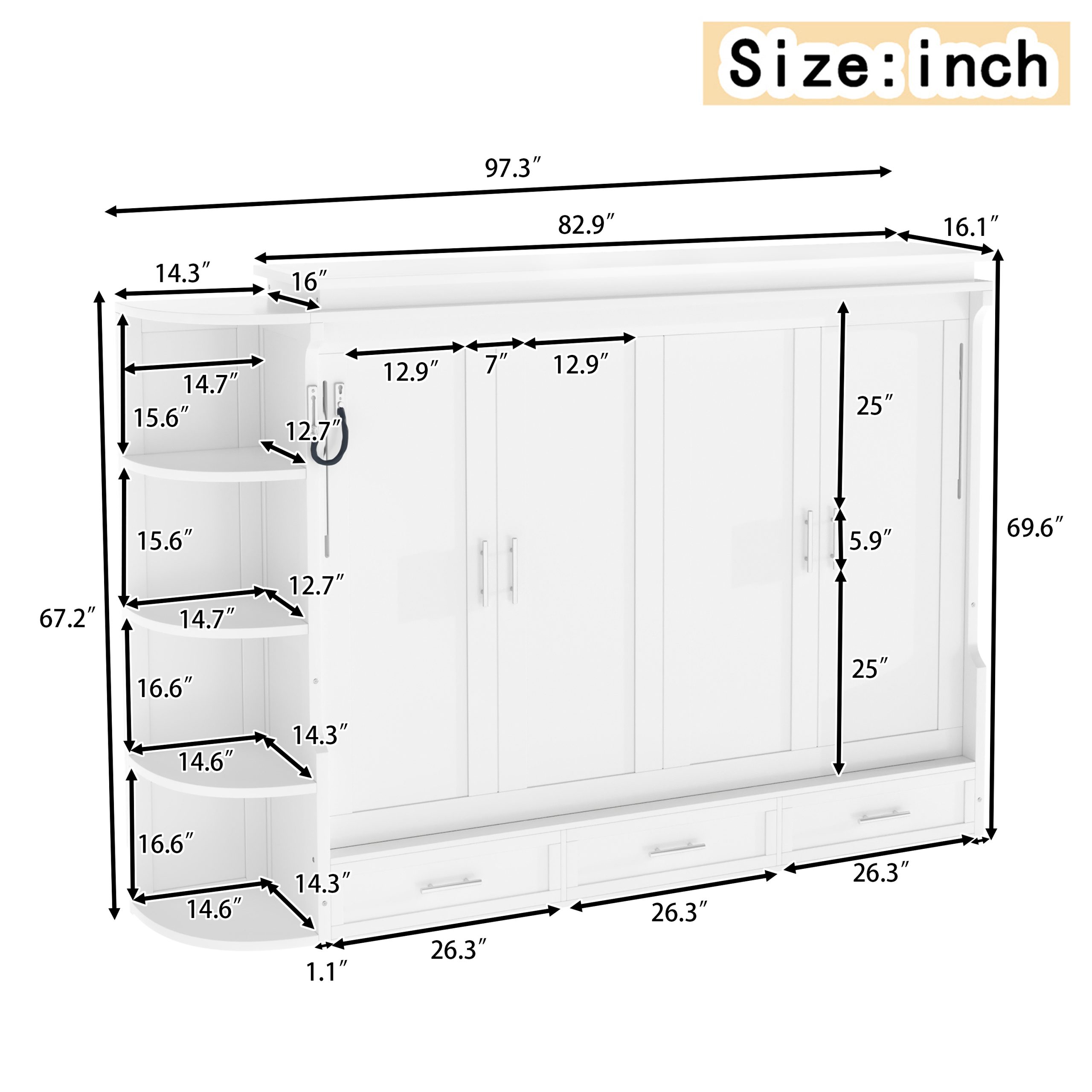 Full Size Murphy Platform Bed with Shelf, Side Cabinets, and Drawers , Home Office Space Saver,White - Image 6