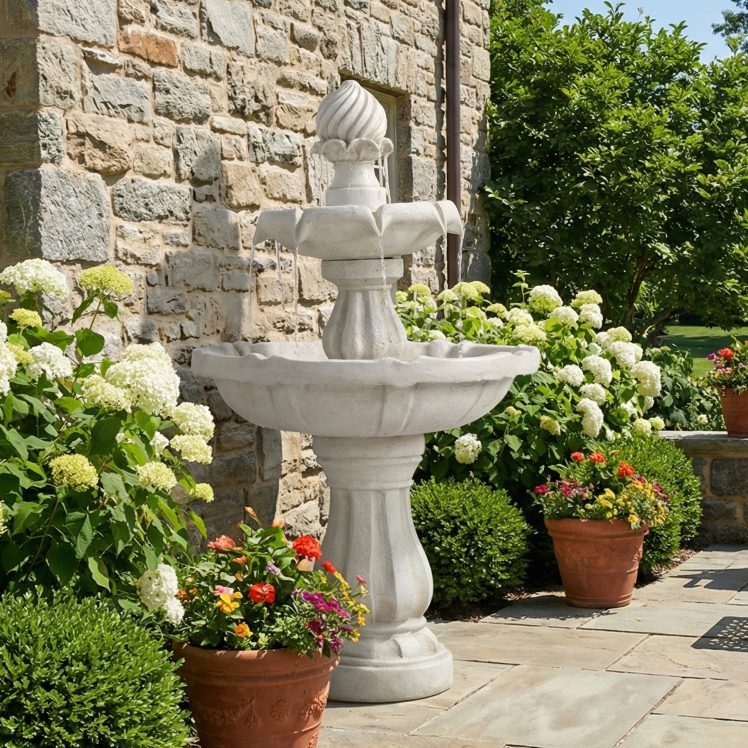 37.4"H 2-Tier White Polyresin Outdoor Water Fountain, Classic Pedestal Cascading Water Feature for Patio Garden Yard Decor - Image 2