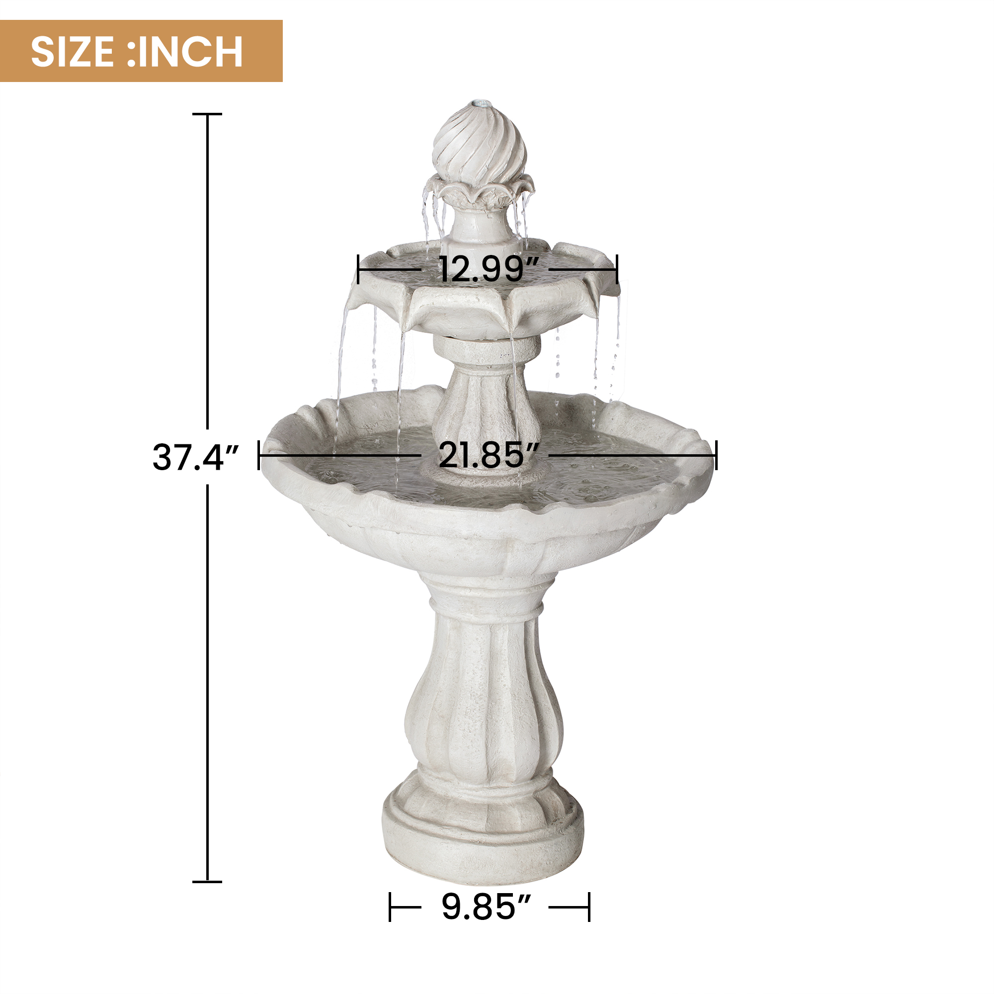 37.4"H 2-Tier White Polyresin Outdoor Water Fountain, Classic Pedestal Cascading Water Feature for Patio Garden Yard Decor - Image 3