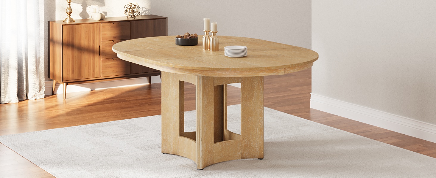 TOPMAX Farmhouse Extendable Round Dining Table with 16inch Removable Leaf for Small Places, Natural - Image 2