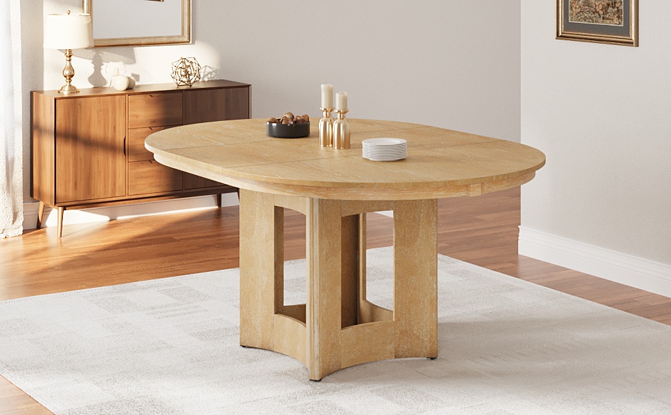 TOPMAX Farmhouse Extendable Round Dining Table with 16inch Removable Leaf for Small Places, Natural - Image 3