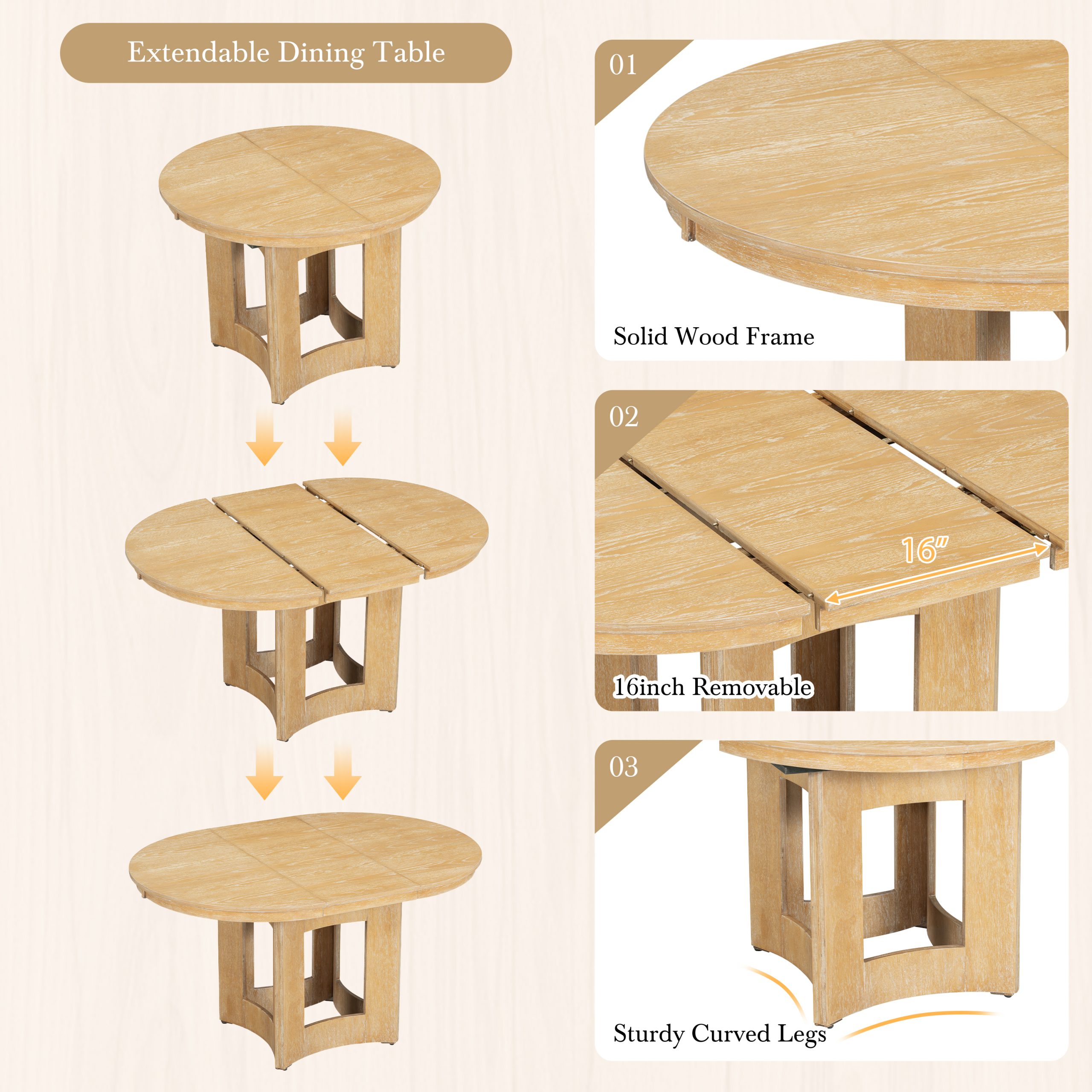 TOPMAX Farmhouse Extendable Round Dining Table with 16inch Removable Leaf for Small Places, Natural - Image 4