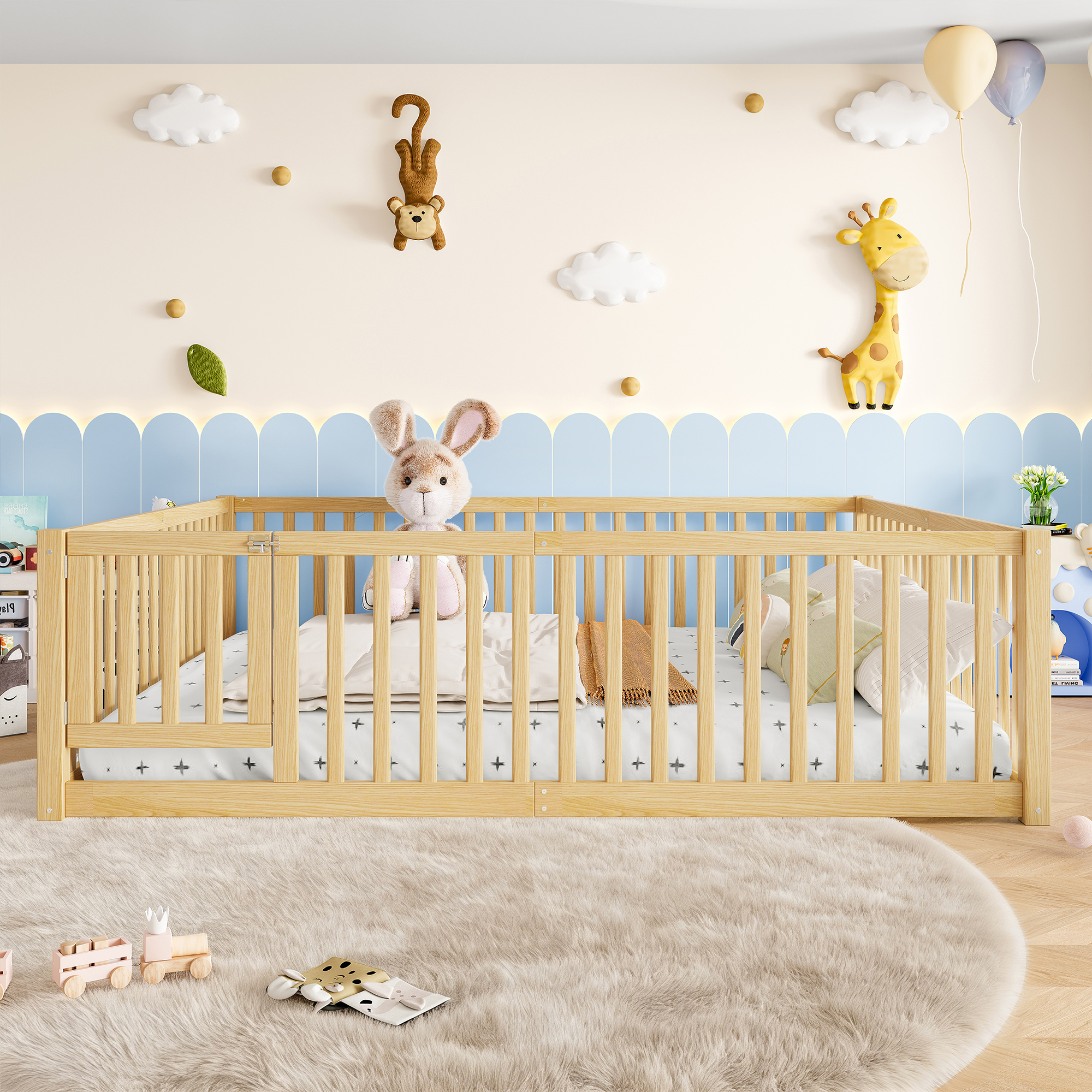 Queen Size Bed Floor Bed with Safety Guardrails and Door for Kids,Natural - Image 1