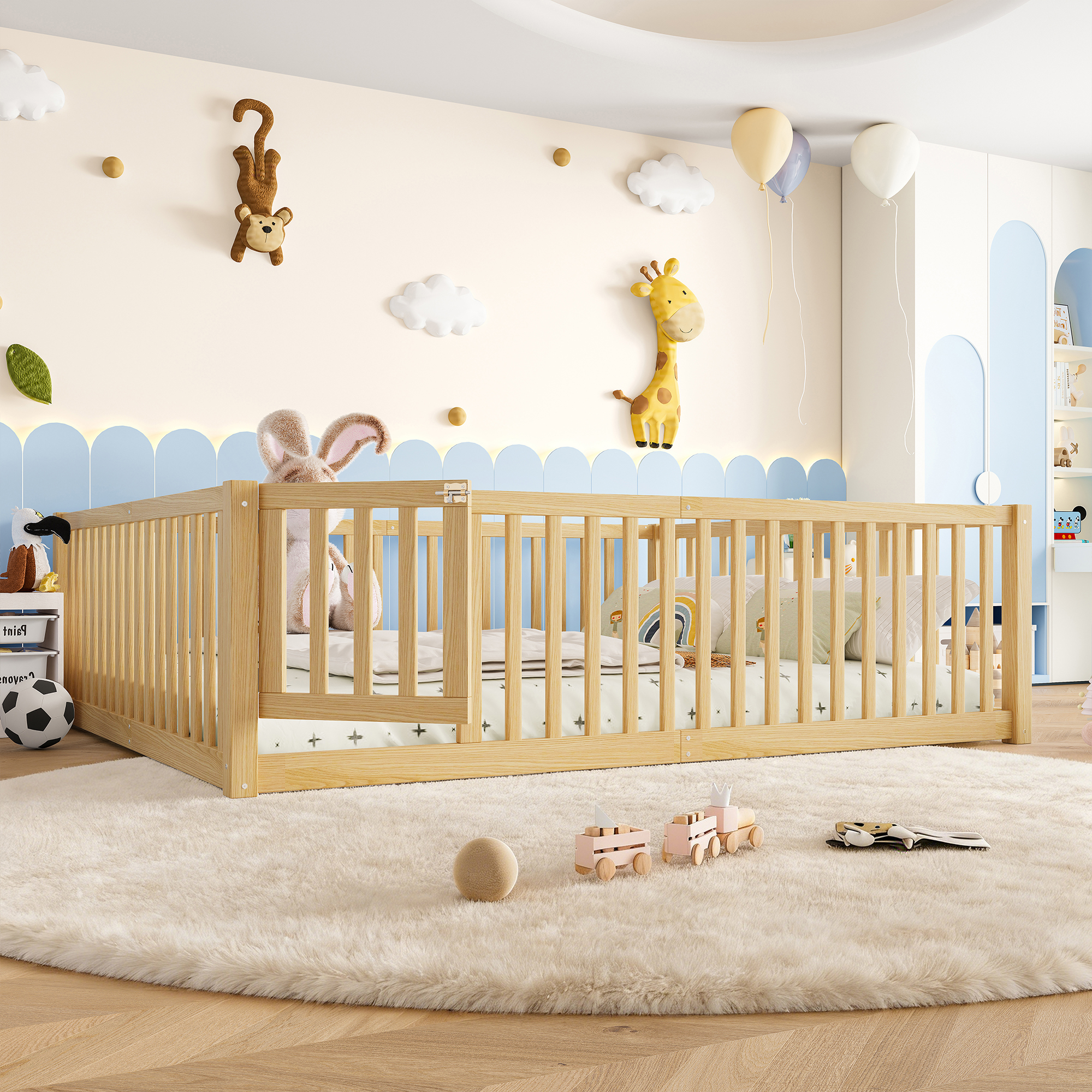 Queen Size Bed Floor Bed with Safety Guardrails and Door for Kids,Natural - Image 2