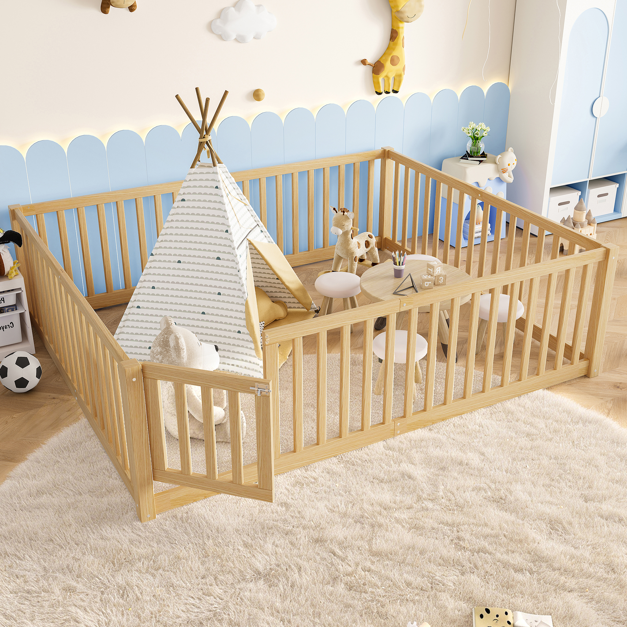 Queen Size Bed Floor Bed with Safety Guardrails and Door for Kids,Natural - Image 3