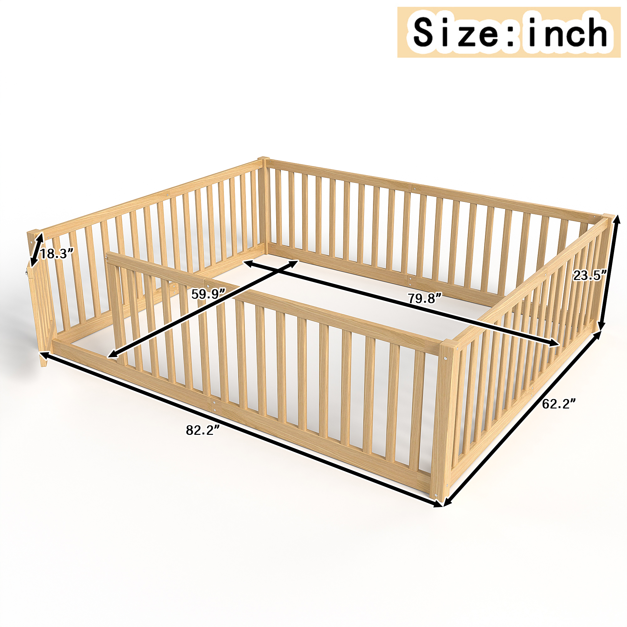 Queen Size Bed Floor Bed with Safety Guardrails and Door for Kids,Natural - Image 4