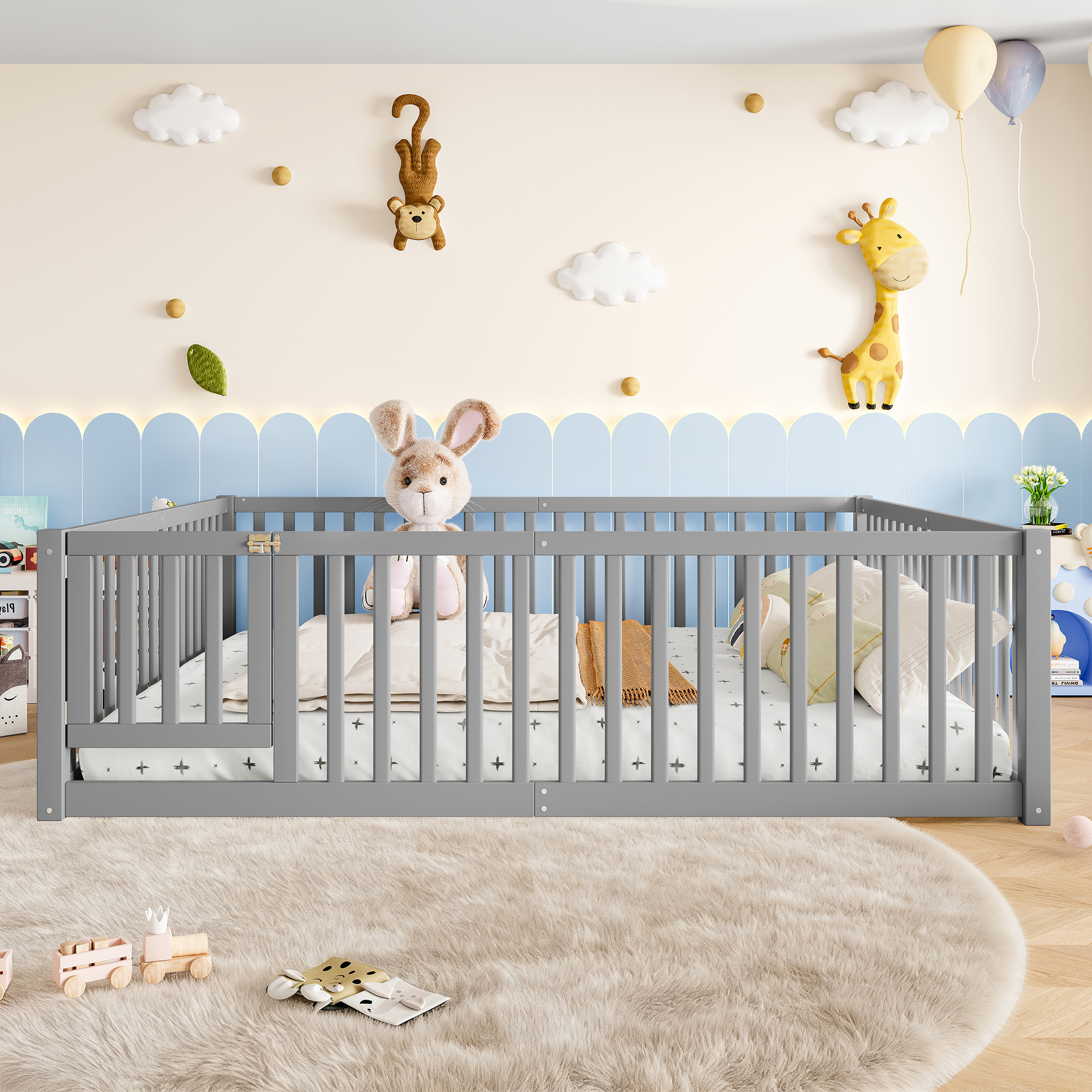 Queen Size Bed Floor Bed with Safety Guardrails and Door for Kids,Gray - Image 1