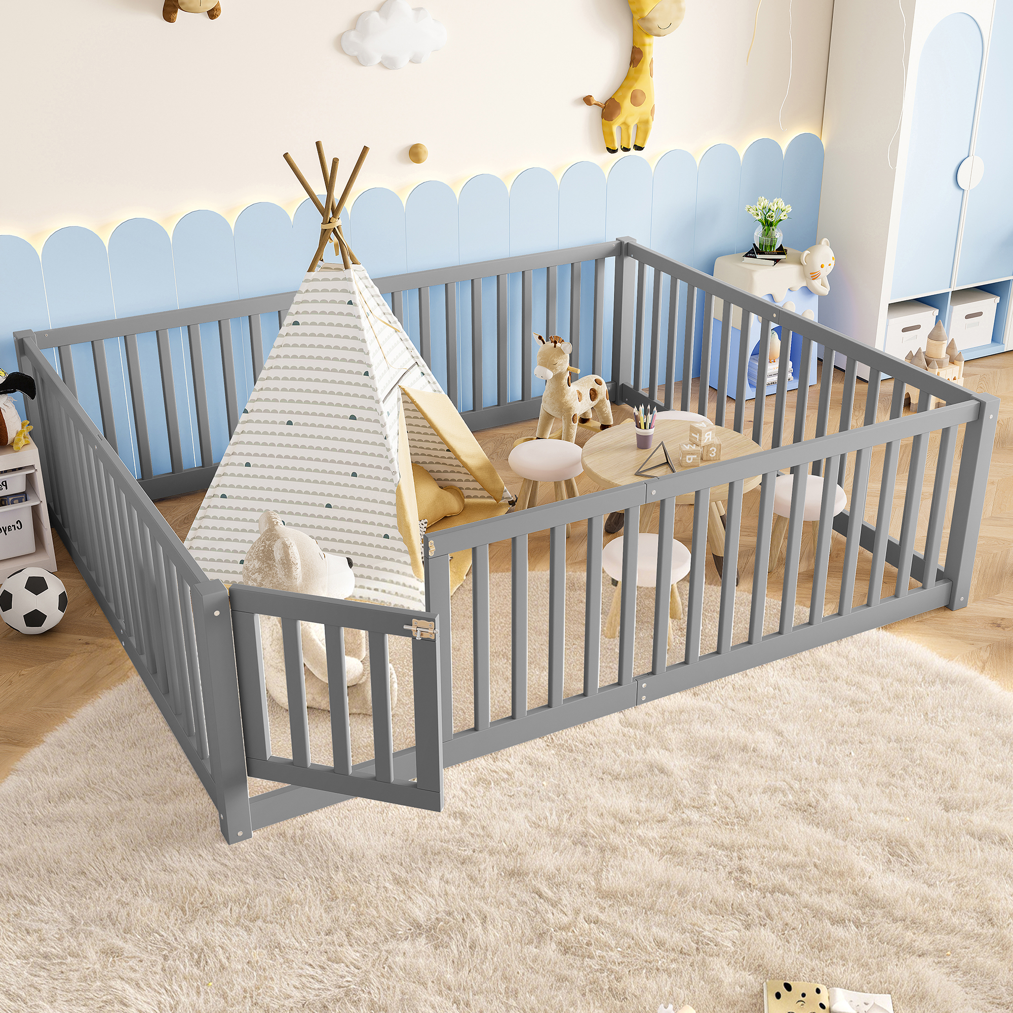 Queen Size Bed Floor Bed with Safety Guardrails and Door for Kids,Gray - Image 2