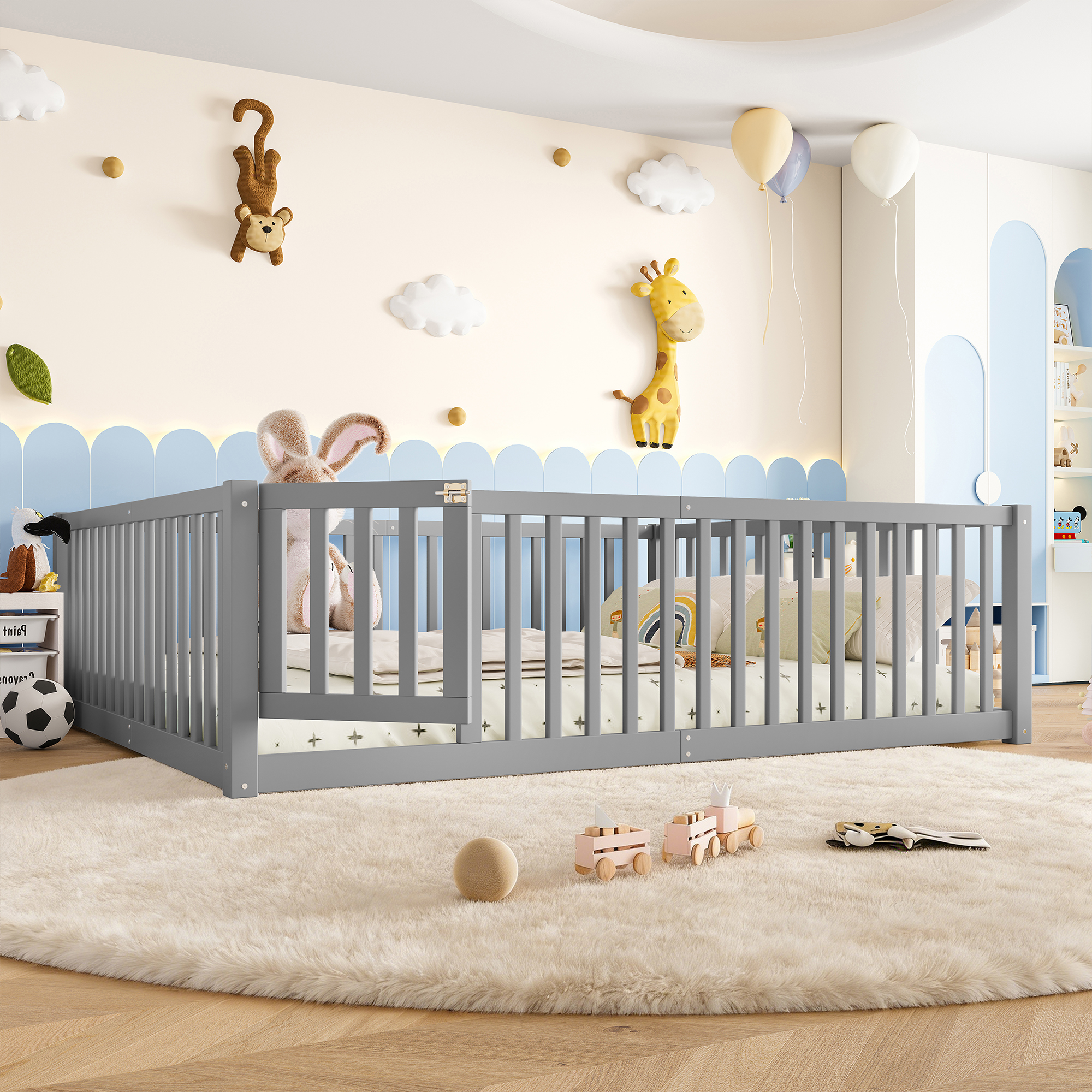 Queen Size Bed Floor Bed with Safety Guardrails and Door for Kids,Gray - Image 3