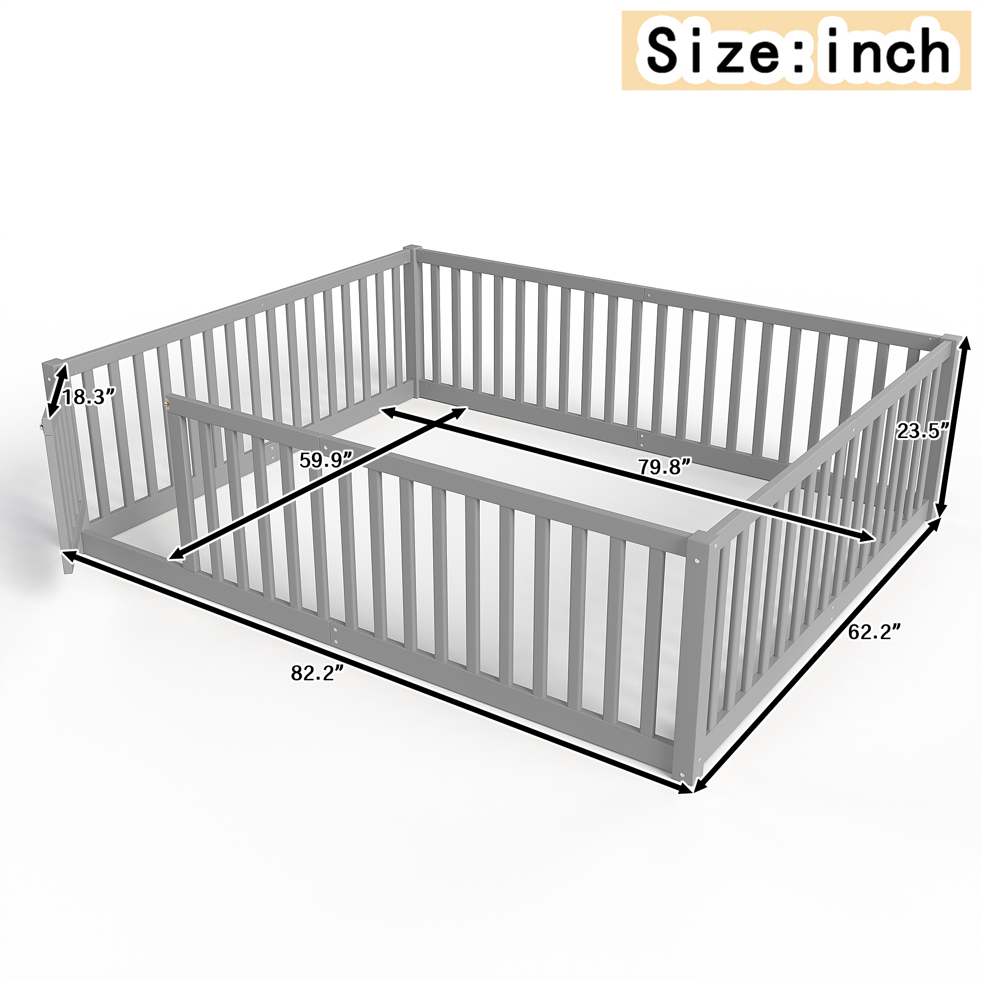 Queen Size Bed Floor Bed with Safety Guardrails and Door for Kids,Gray - Image 4