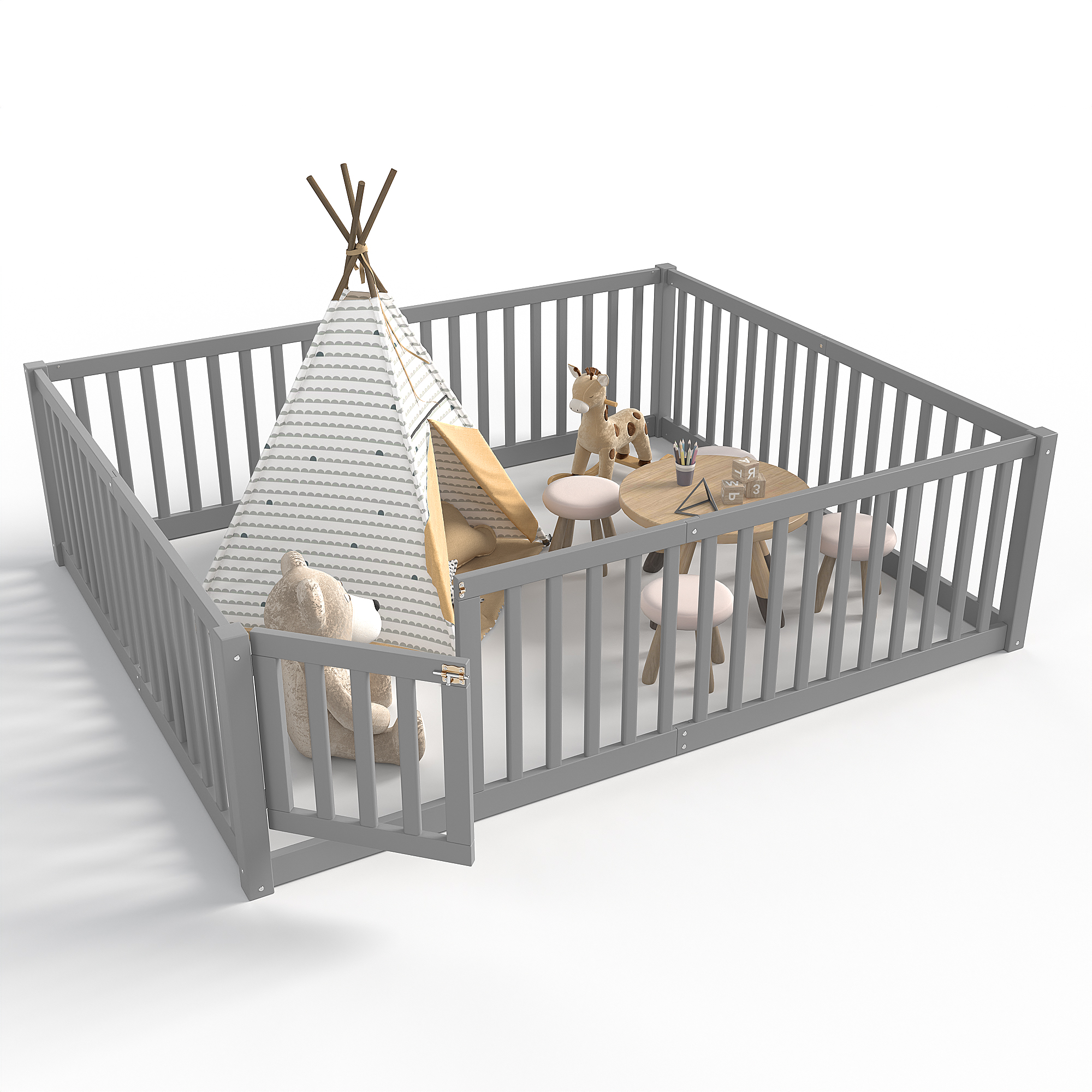 Queen Size Bed Floor Bed with Safety Guardrails and Door for Kids,Gray - Image 6