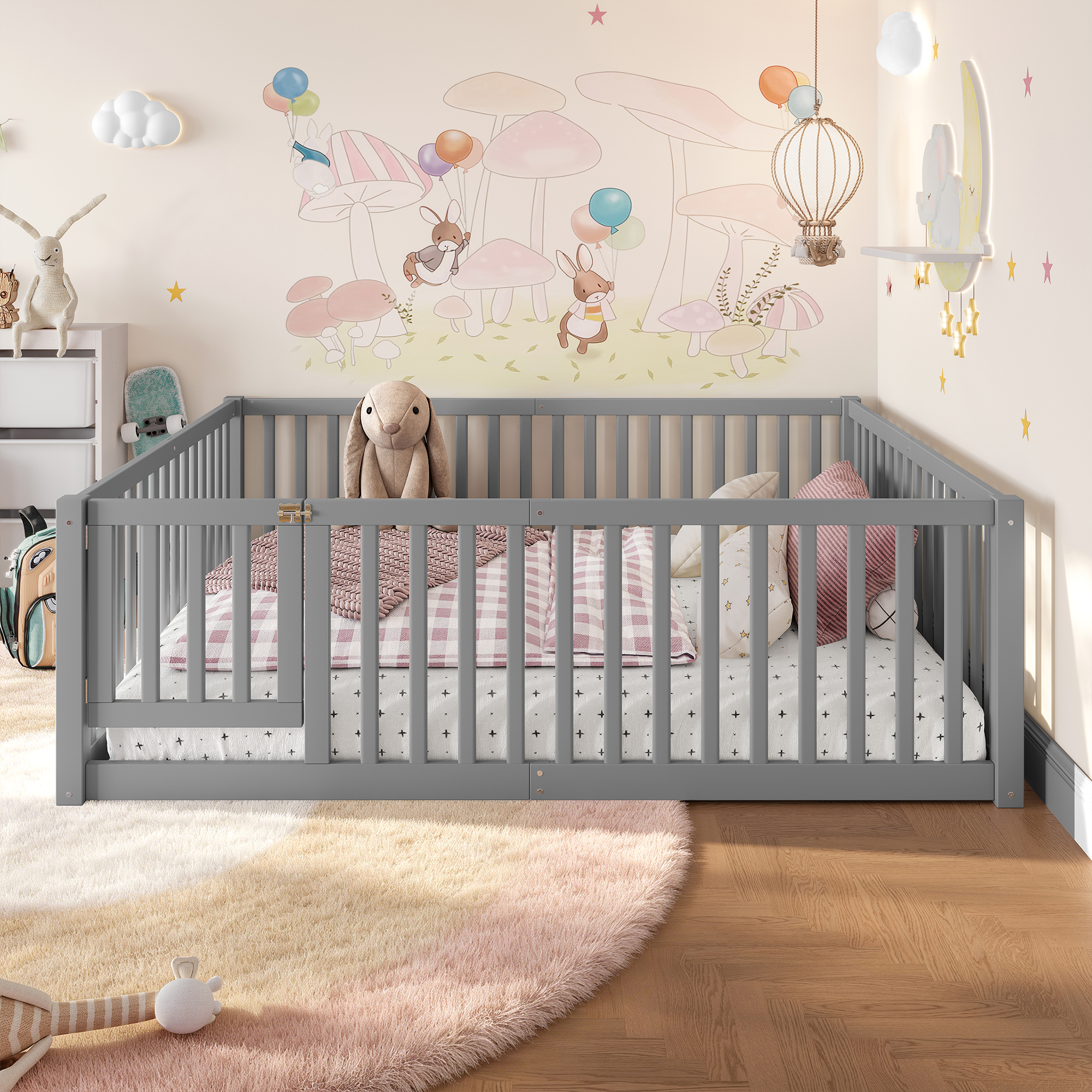 Full Size Bed Floor Bed with Safety Guardrails and Door for Kids,Gray