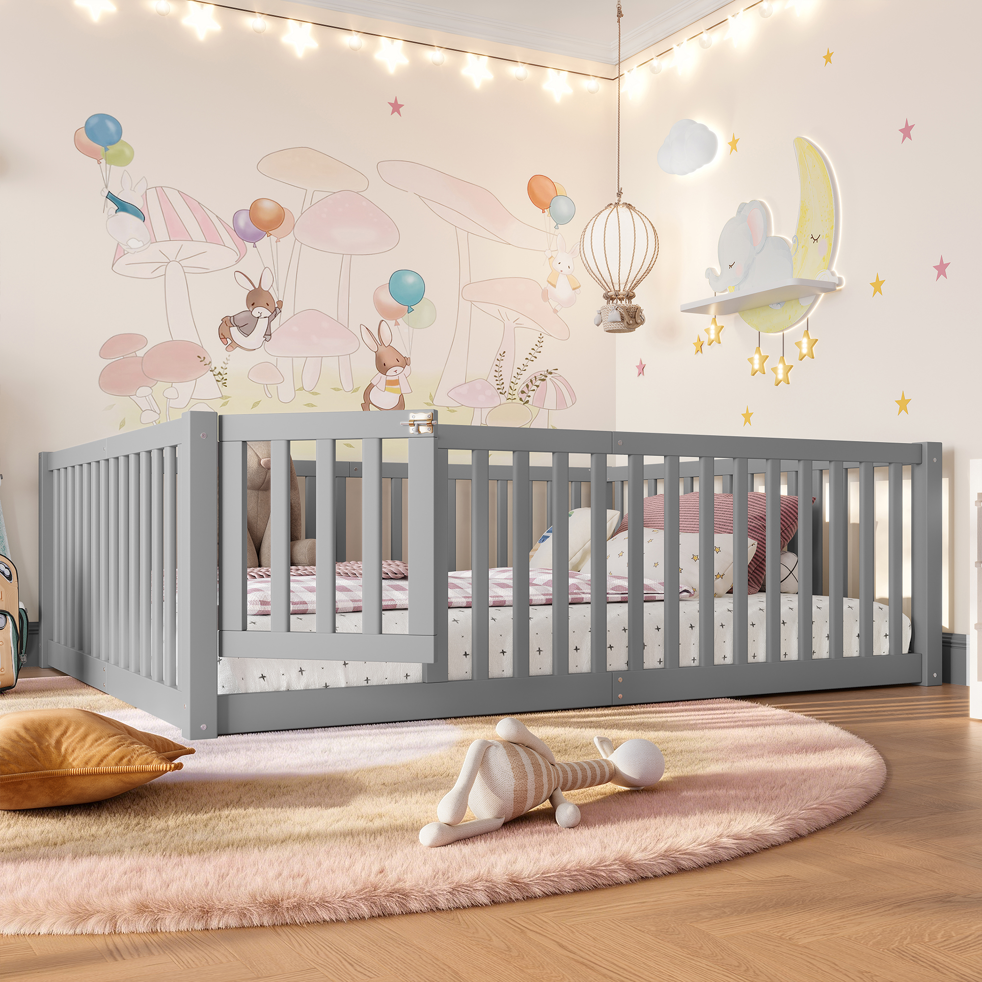 Full Size Bed Floor Bed with Safety Guardrails and Door for Kids,Gray - Image 2