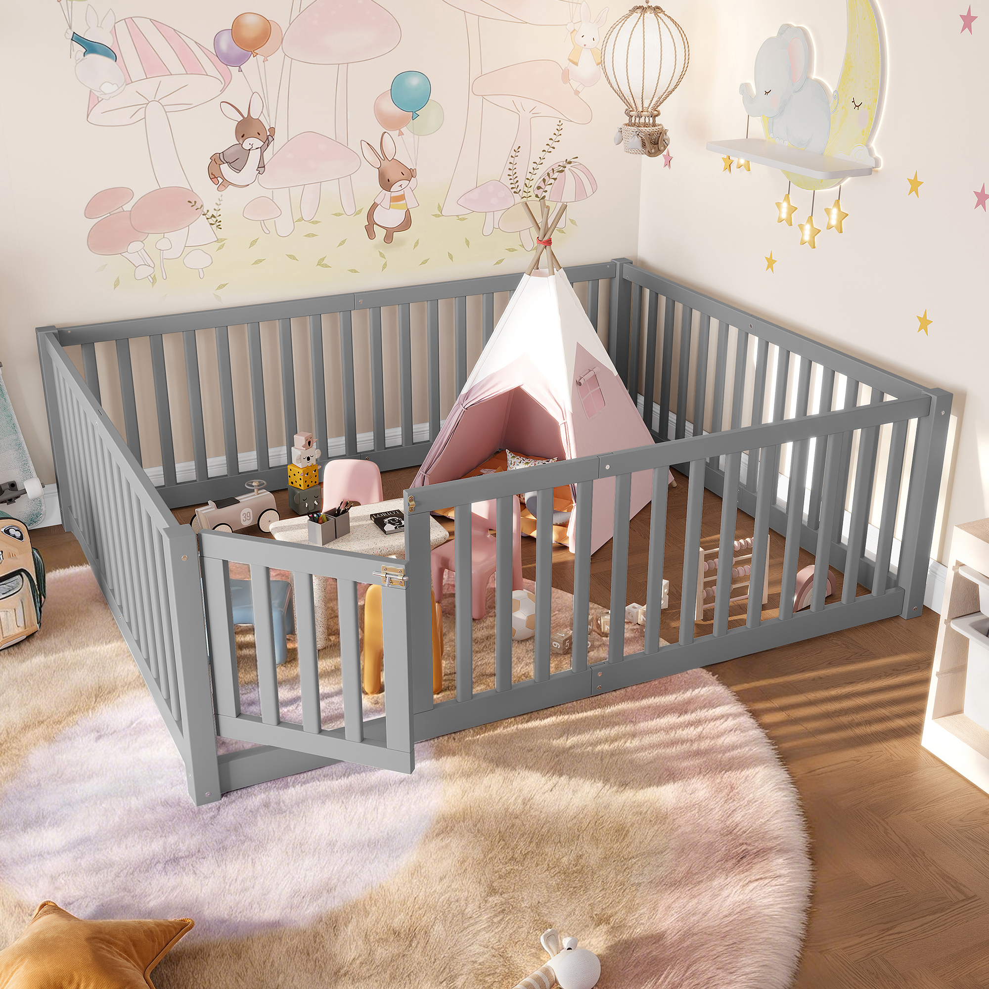 Full Size Bed Floor Bed with Safety Guardrails and Door for Kids,Gray - Image 3