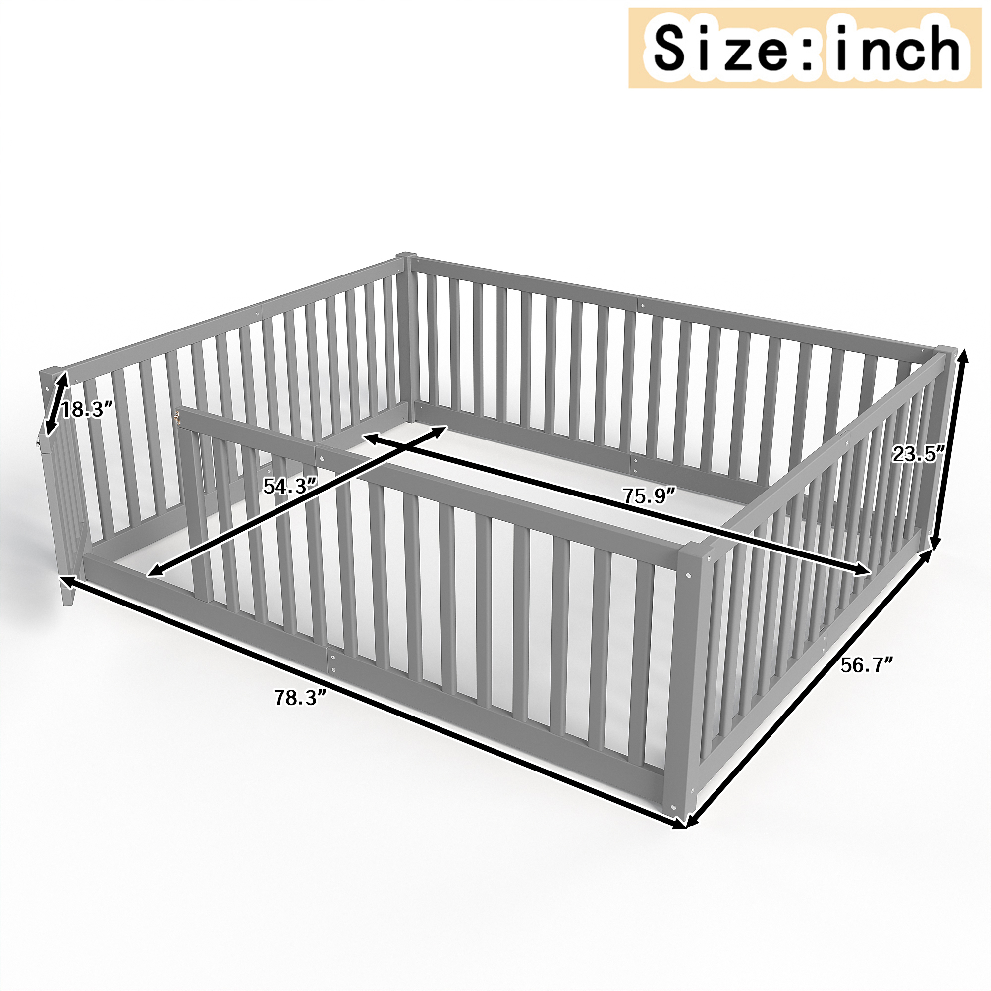 Full Size Bed Floor Bed with Safety Guardrails and Door for Kids,Gray - Image 4