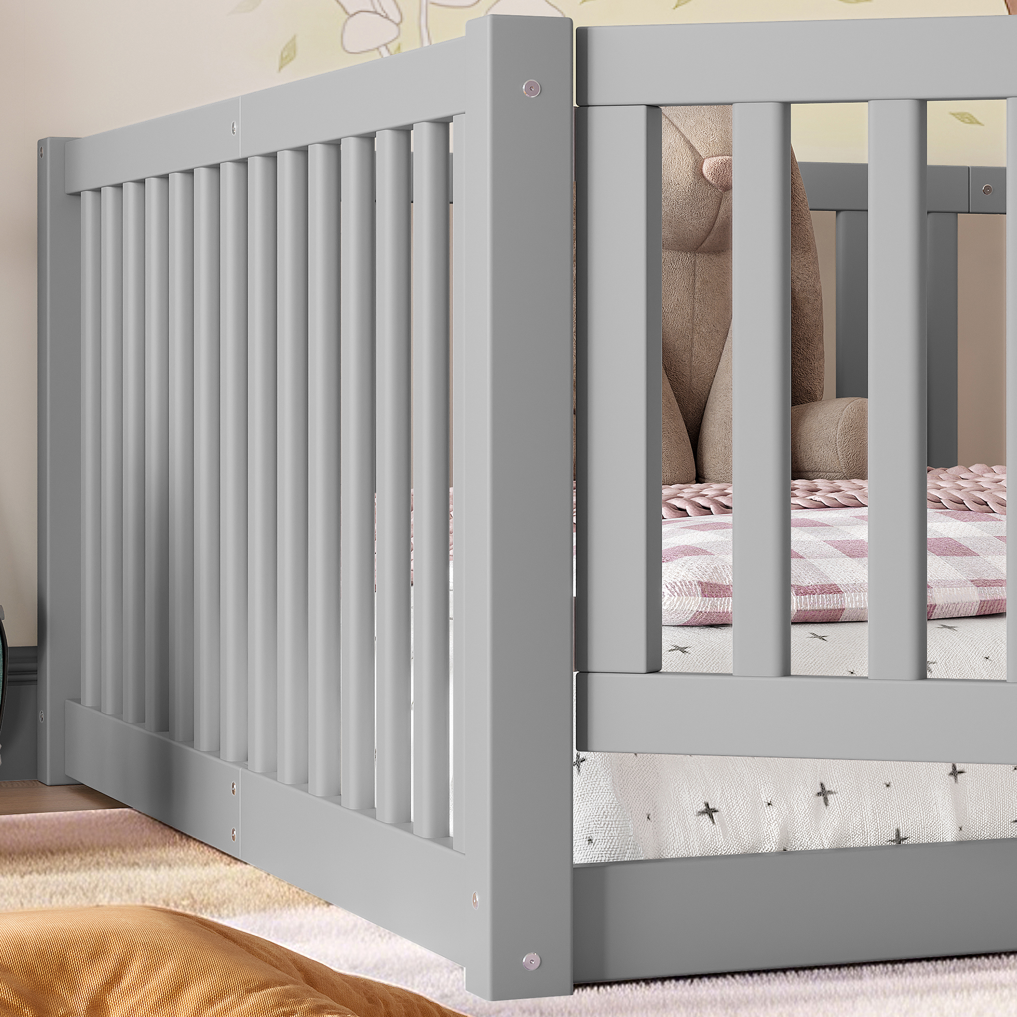 Full Size Bed Floor Bed with Safety Guardrails and Door for Kids,Gray - Image 5