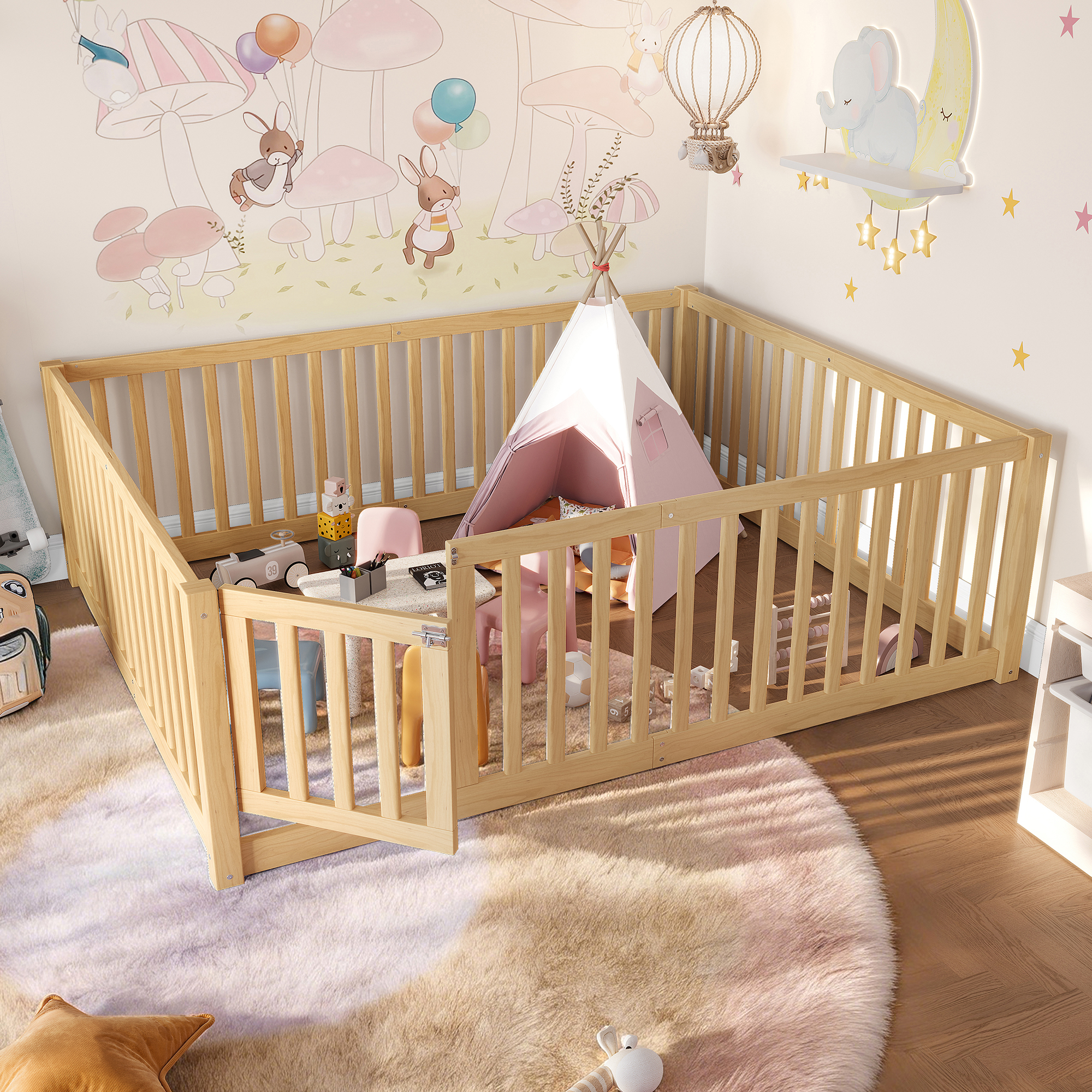 Full Size Bed Floor Bed with Safety Guardrails and Door for Kids,Natural - Image 2