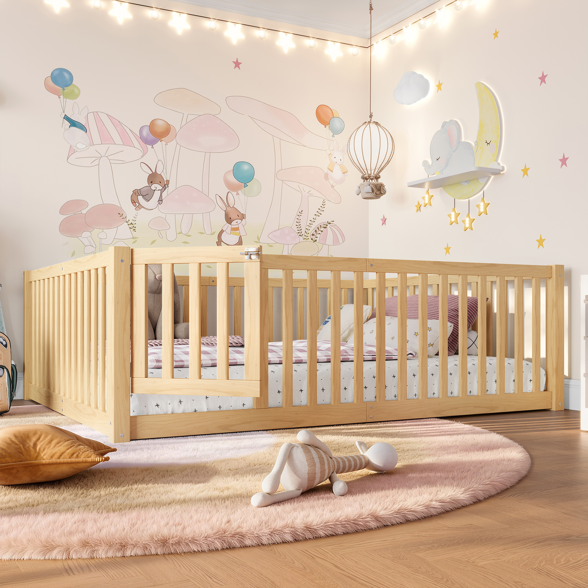 Full Size Bed Floor Bed with Safety Guardrails and Door for Kids,Natural - Image 3
