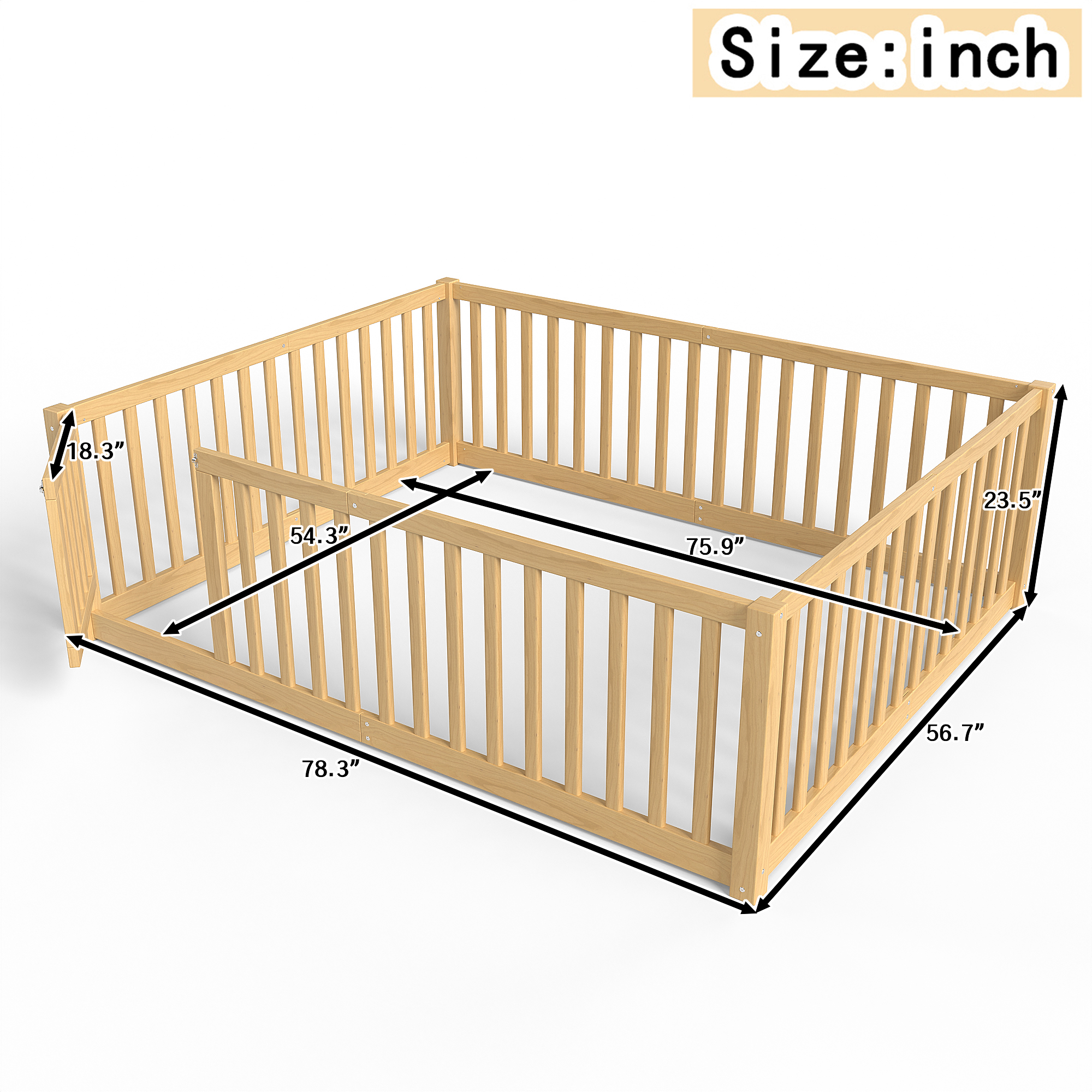 Full Size Bed Floor Bed with Safety Guardrails and Door for Kids,Natural - Image 4
